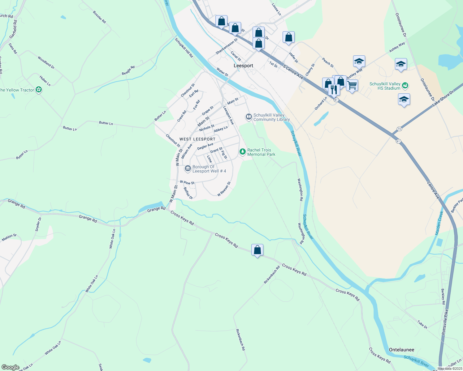 map of restaurants, bars, coffee shops, grocery stores, and more near 523 West Reeser Street in Leesport