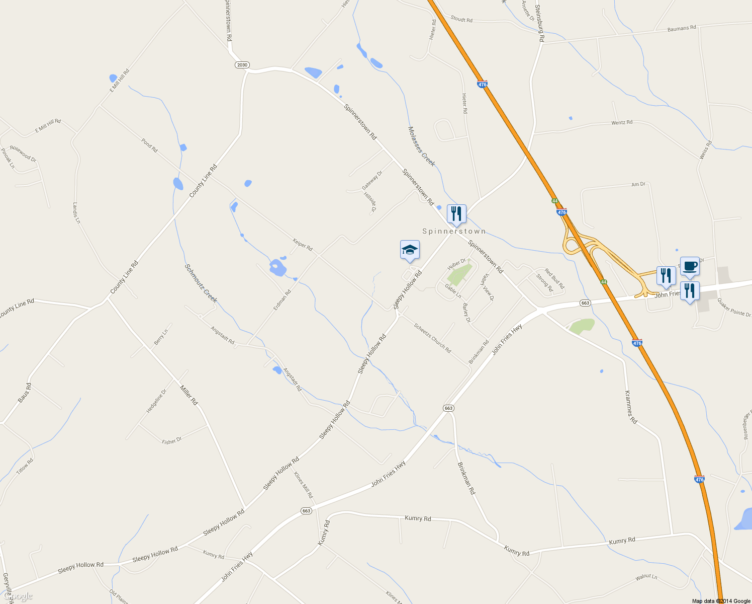 map of restaurants, bars, coffee shops, grocery stores, and more near 2125 Keiper Road in Quakertown