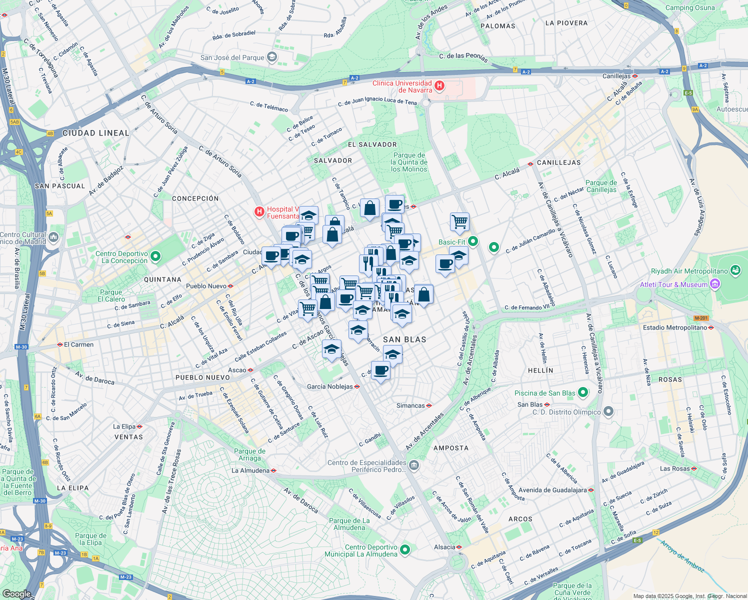 map of restaurants, bars, coffee shops, grocery stores, and more near 19 Calle de Julián Camarillo in Madrid