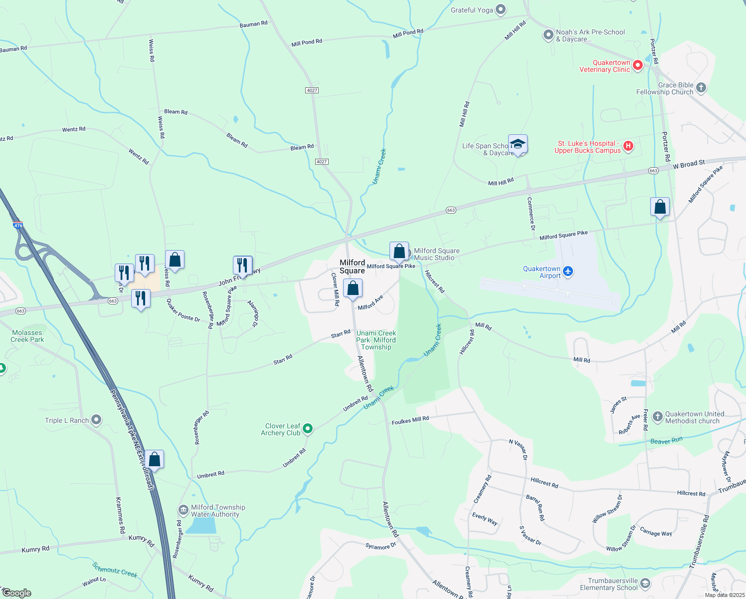 map of restaurants, bars, coffee shops, grocery stores, and more near 2160 Milford Avenue in Quakertown