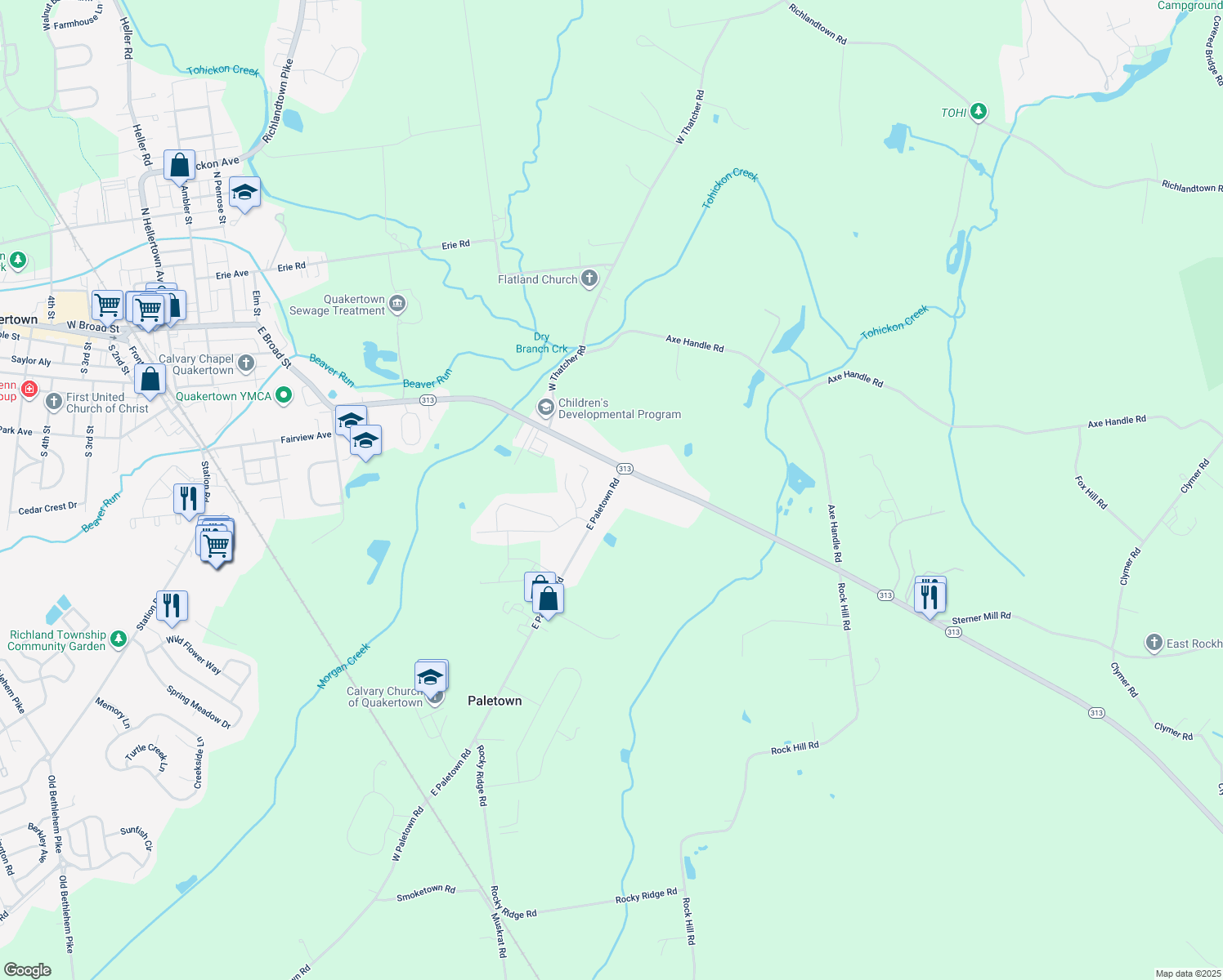map of restaurants, bars, coffee shops, grocery stores, and more near 475 East Paletown Road in Quakertown