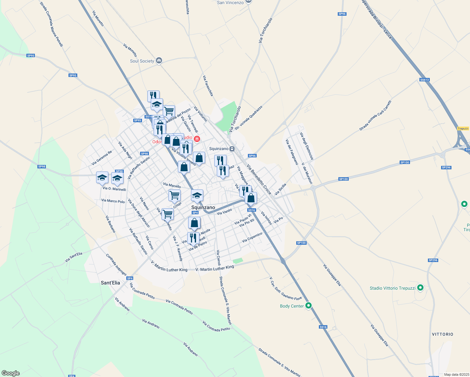 map of restaurants, bars, coffee shops, grocery stores, and more near 18 Via Roma in Squinzano