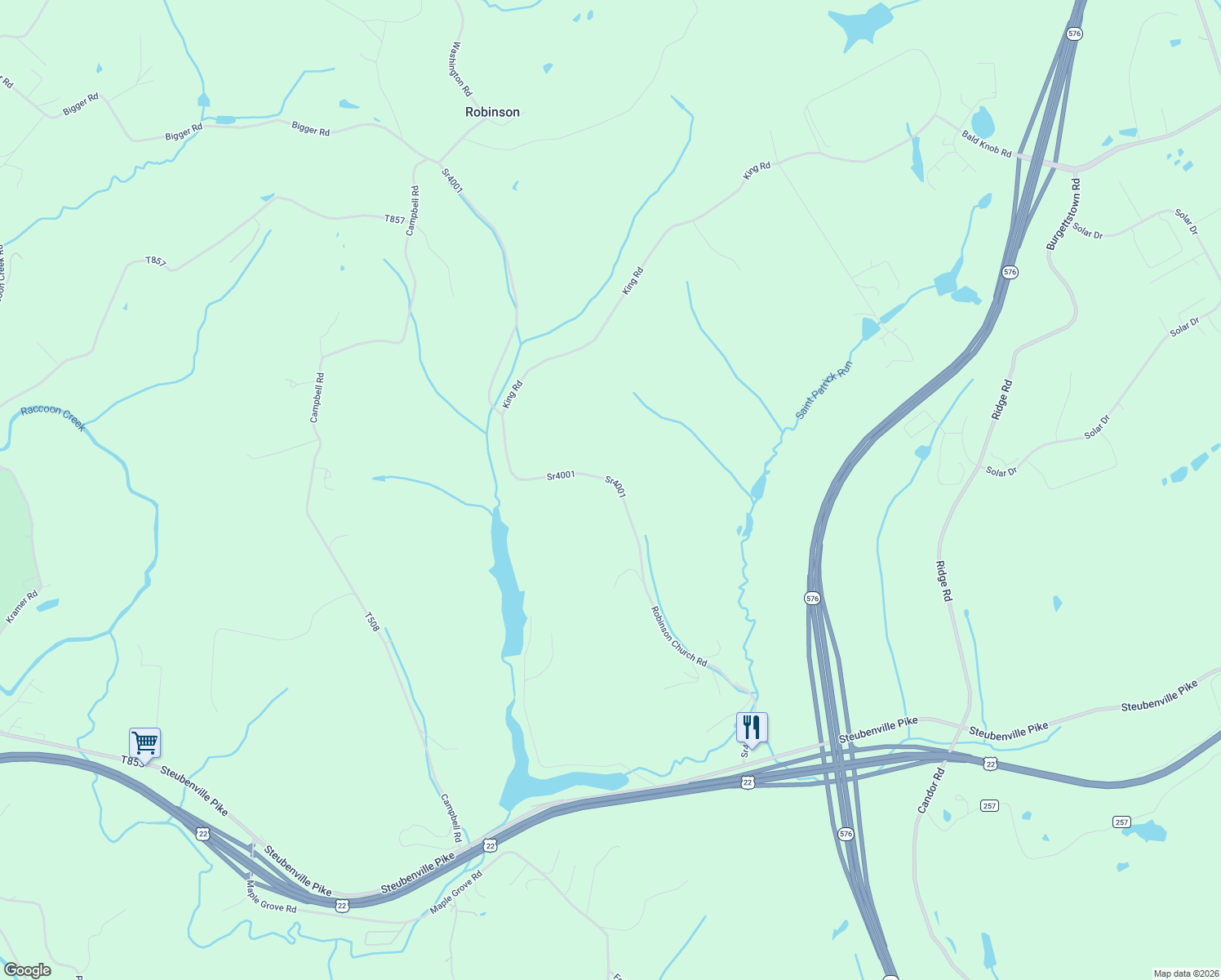 map of restaurants, bars, coffee shops, grocery stores, and more near 555 Robinson Church Road in Bulger