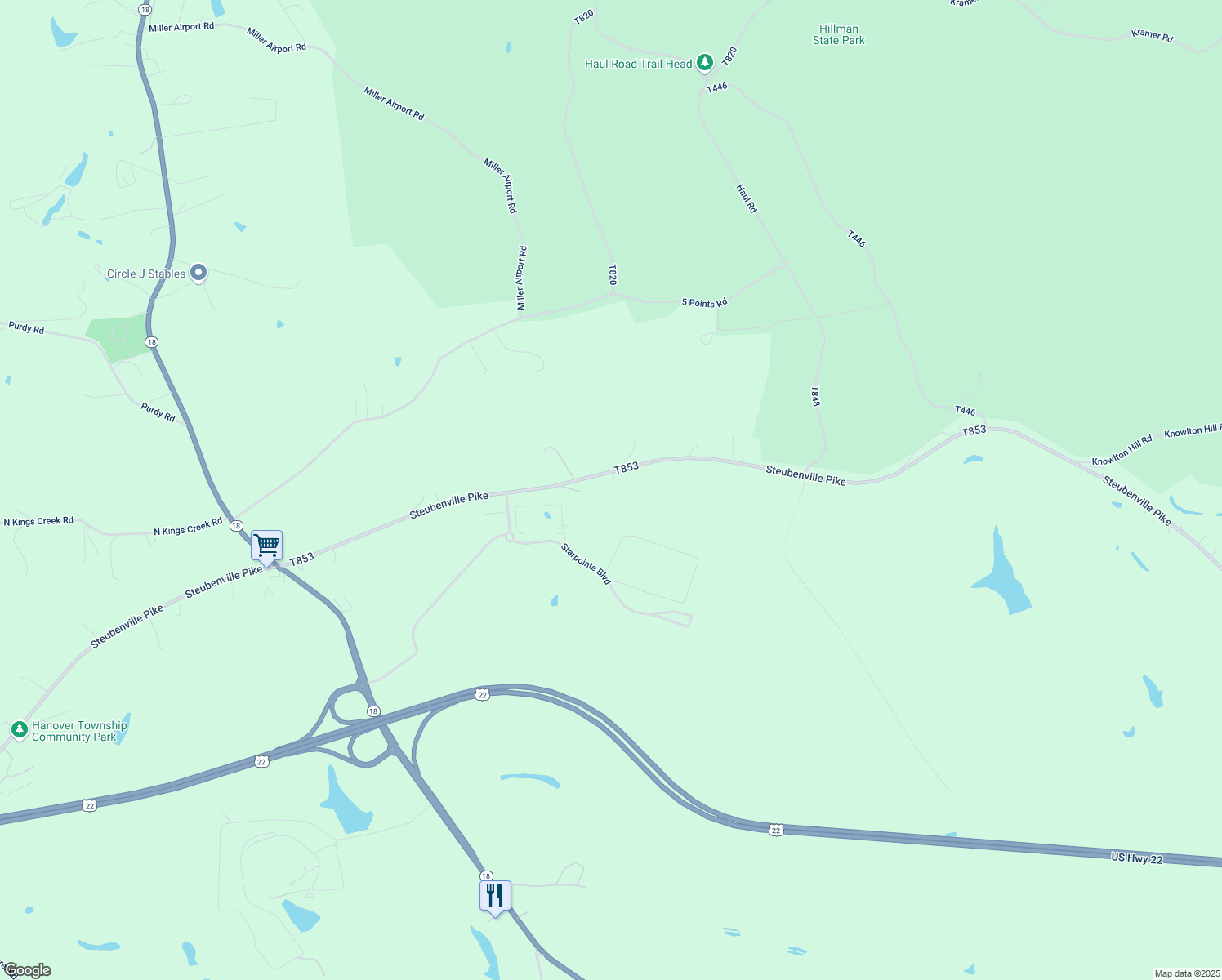 map of restaurants, bars, coffee shops, grocery stores, and more near 1294 Steubenville Pike in Burgettstown