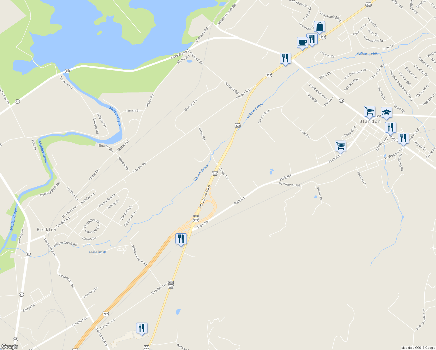 map of restaurants, bars, coffee shops, grocery stores, and more near 9 Grube Lane in Reading