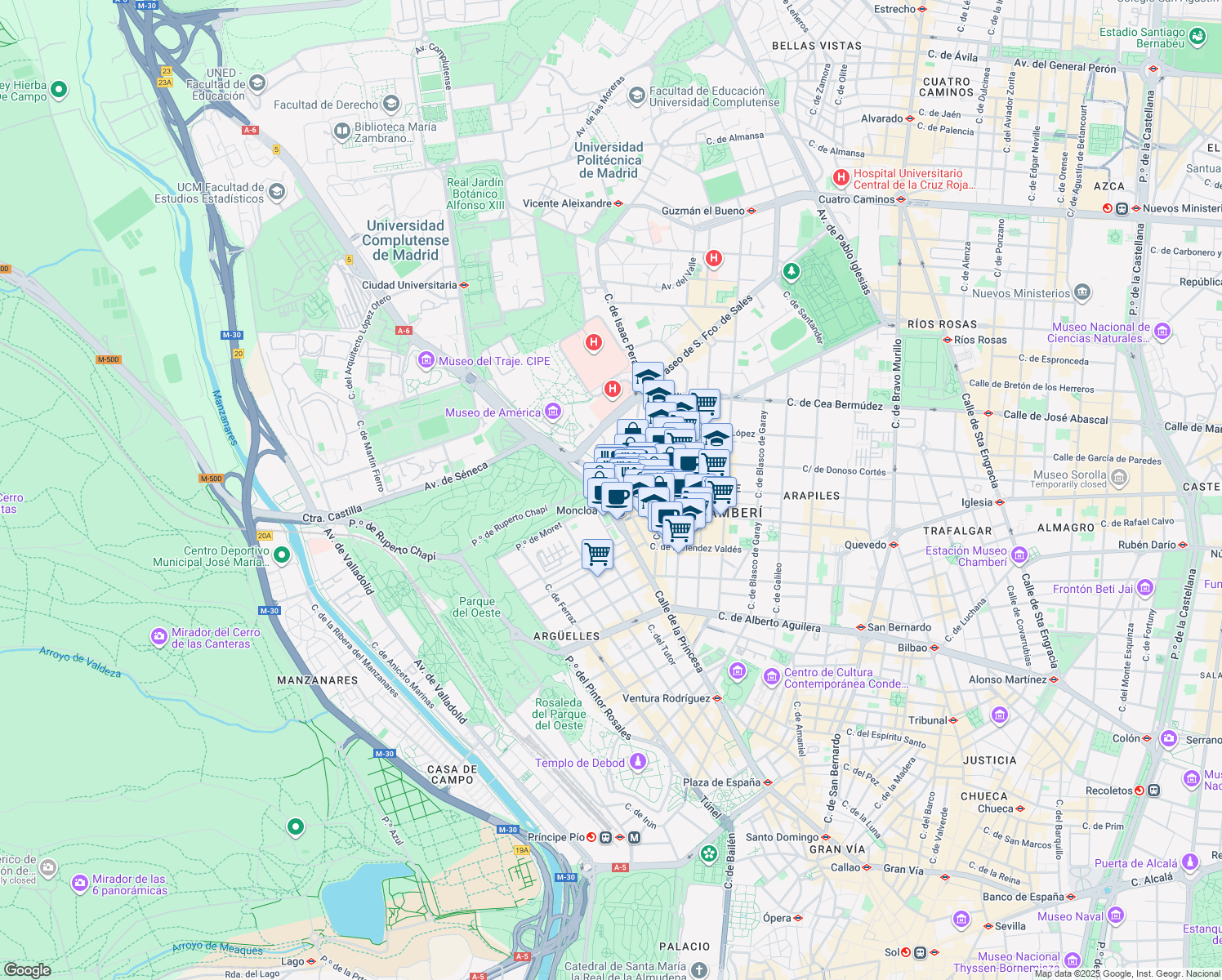 map of restaurants, bars, coffee shops, grocery stores, and more near in Madrid