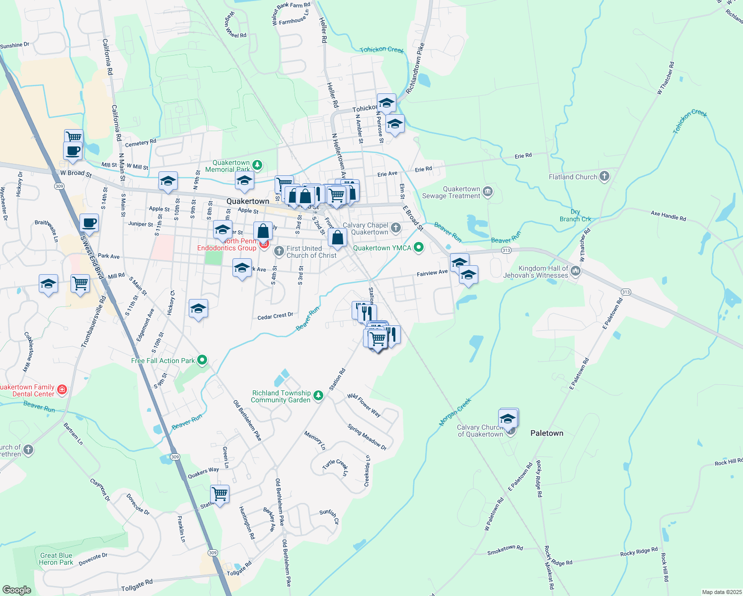 map of restaurants, bars, coffee shops, grocery stores, and more near 1 Beaver Run Dr in Quakertown