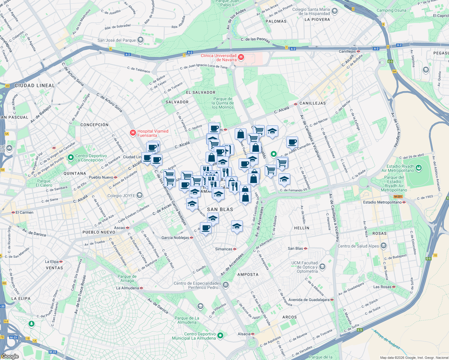 map of restaurants, bars, coffee shops, grocery stores, and more near 31 Calle de Julián Camarillo in Madrid