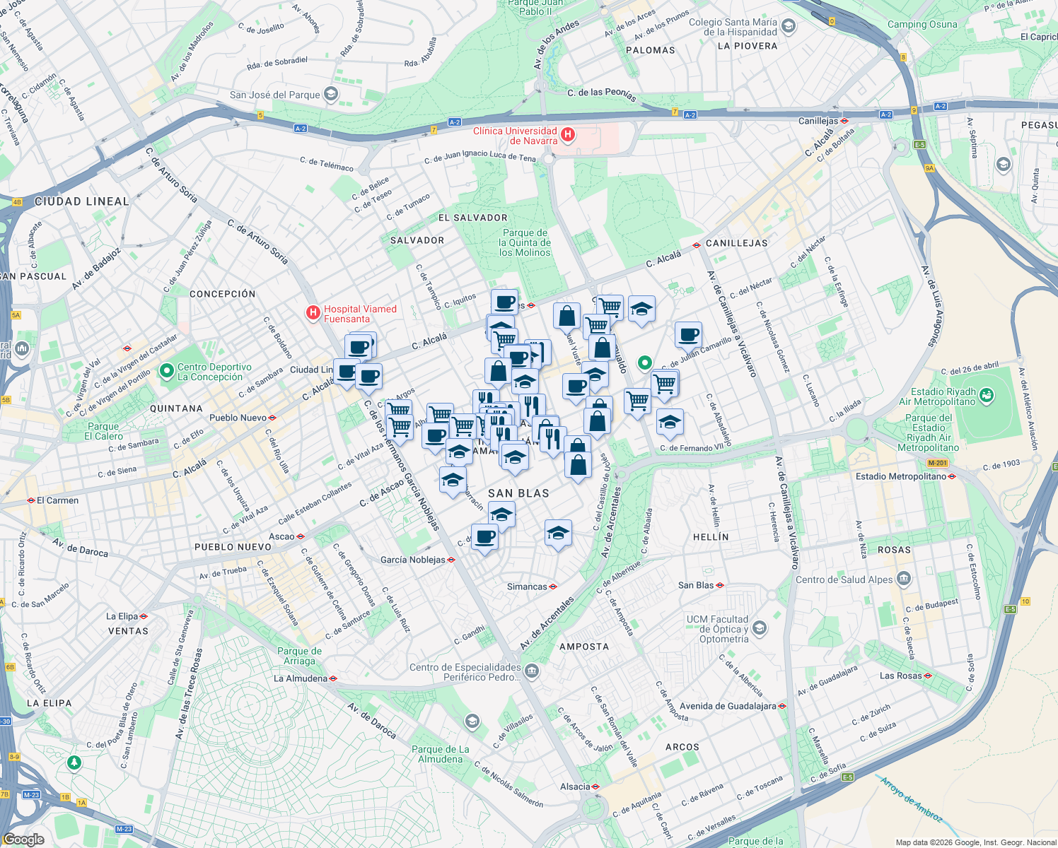 map of restaurants, bars, coffee shops, grocery stores, and more near 31 Calle de Julián Camarillo in Madrid