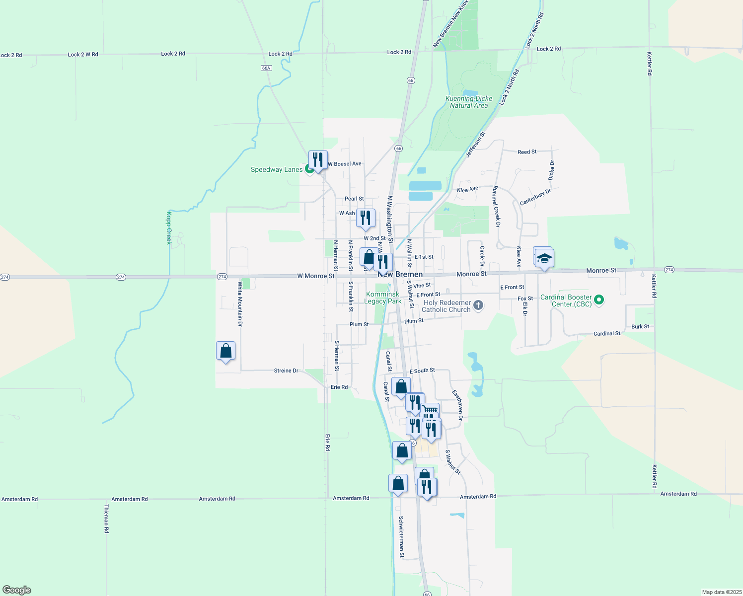 map of restaurants, bars, coffee shops, grocery stores, and more near 28 S Main St in New Bremen