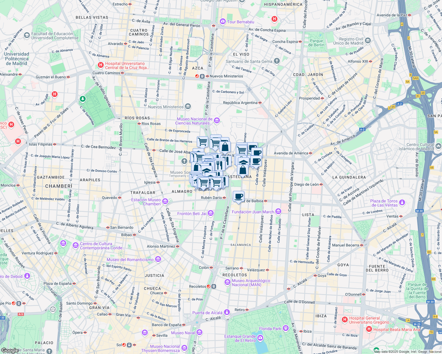 map of restaurants, bars, coffee shops, grocery stores, and more near 43 Paseo de la Castellana in Madrid