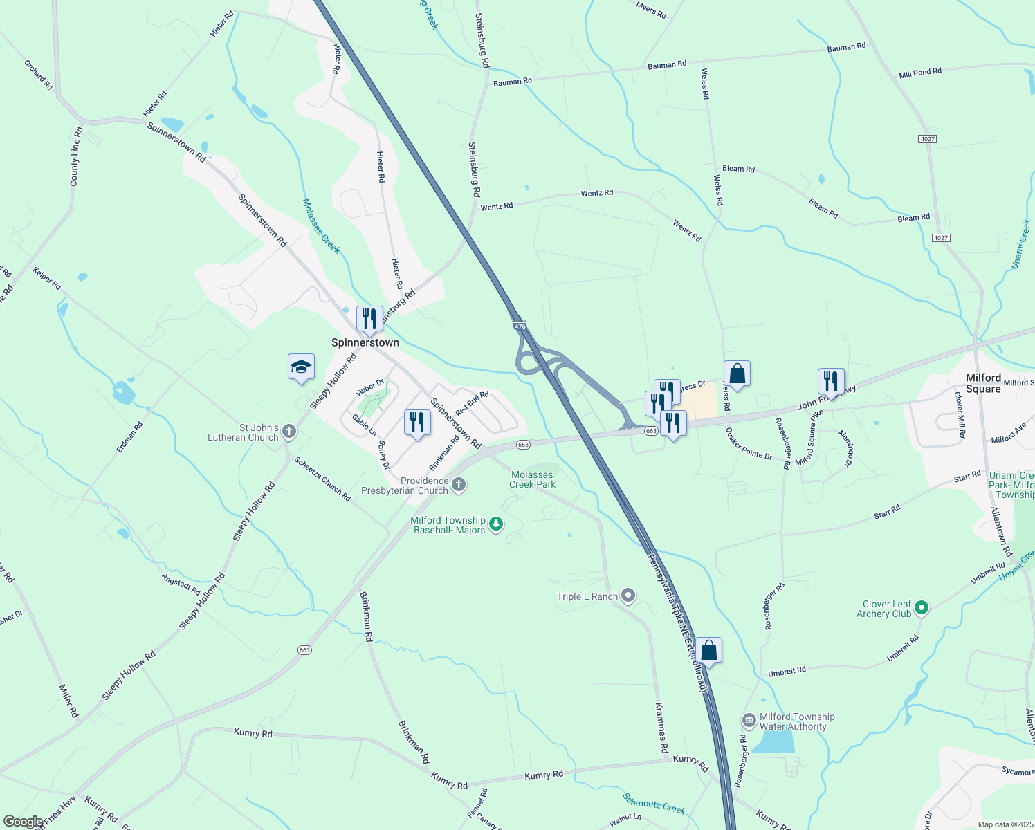 map of restaurants, bars, coffee shops, grocery stores, and more near 1770 Red Bud Road in Quakertown