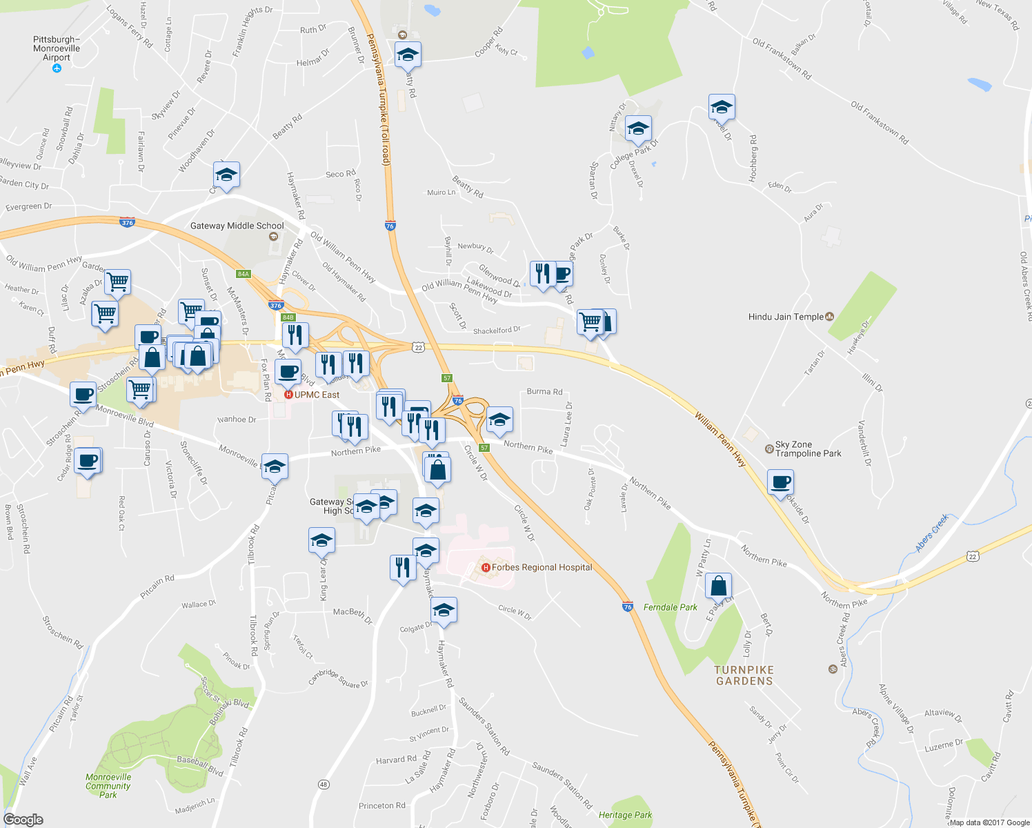 map of restaurants, bars, coffee shops, grocery stores, and more near 115 Penn View Dr in Monroeville