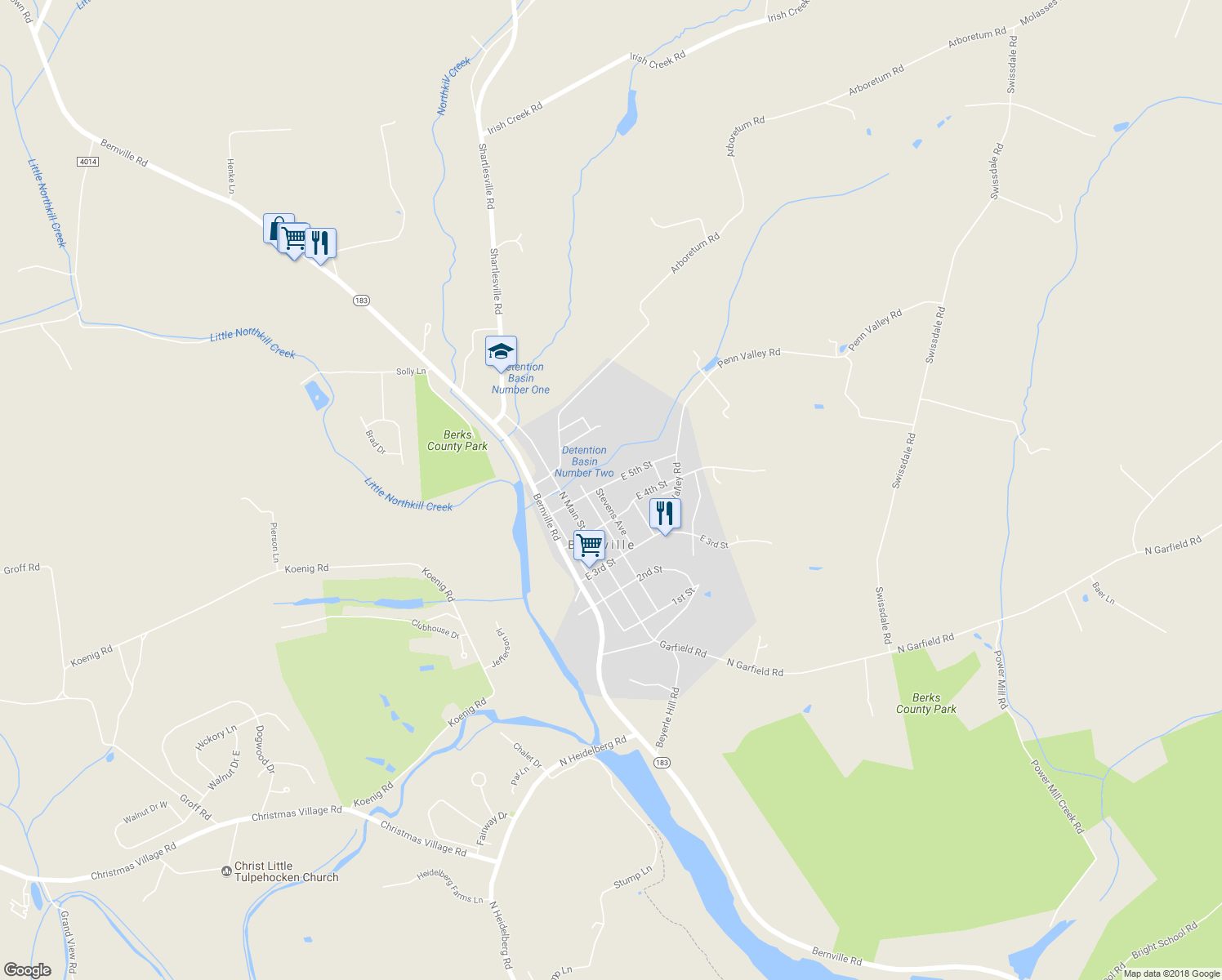 map of restaurants, bars, coffee shops, grocery stores, and more near 213 East 5th Street in Bernville
