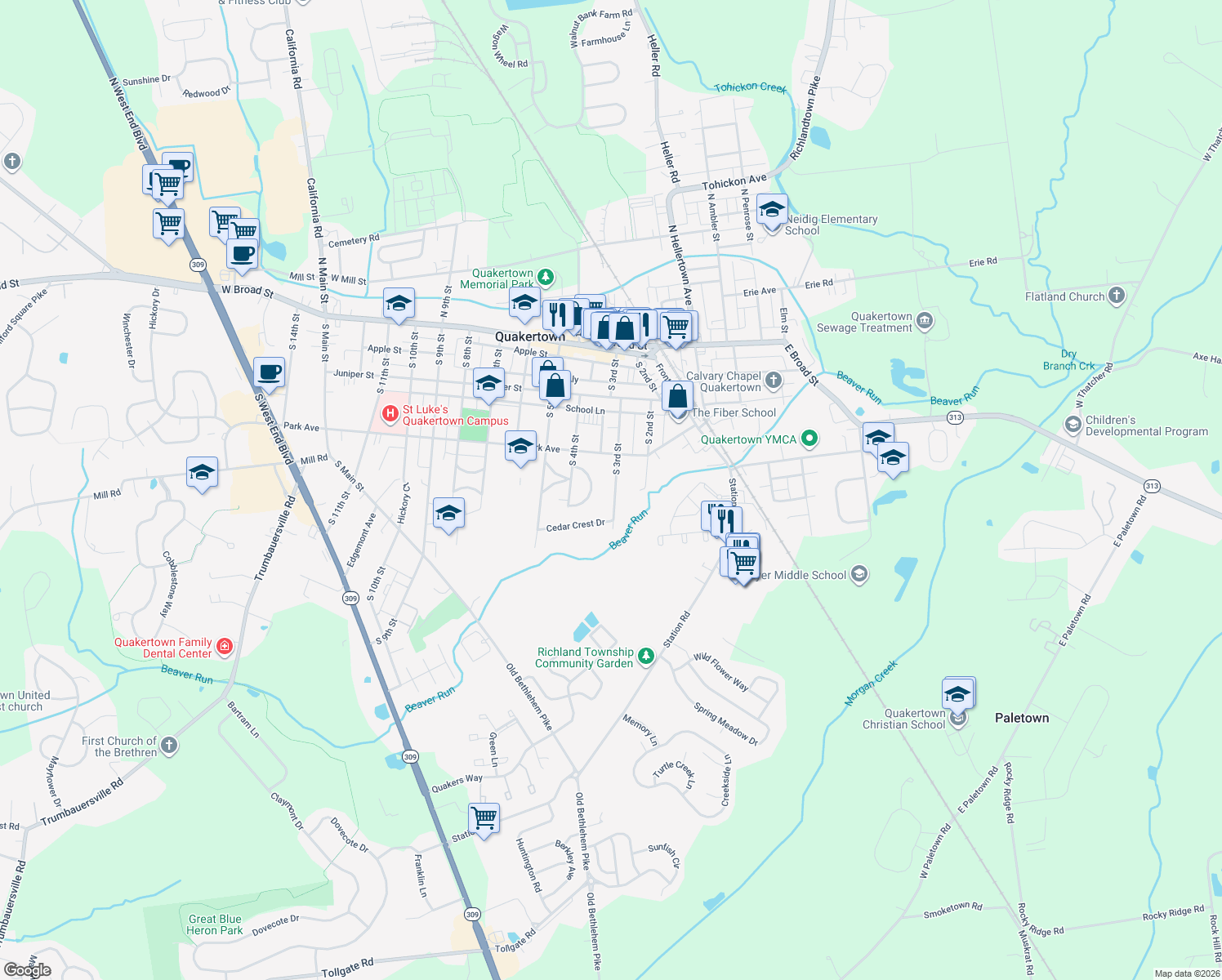 map of restaurants, bars, coffee shops, grocery stores, and more near 234 South 3rd Street in Quakertown