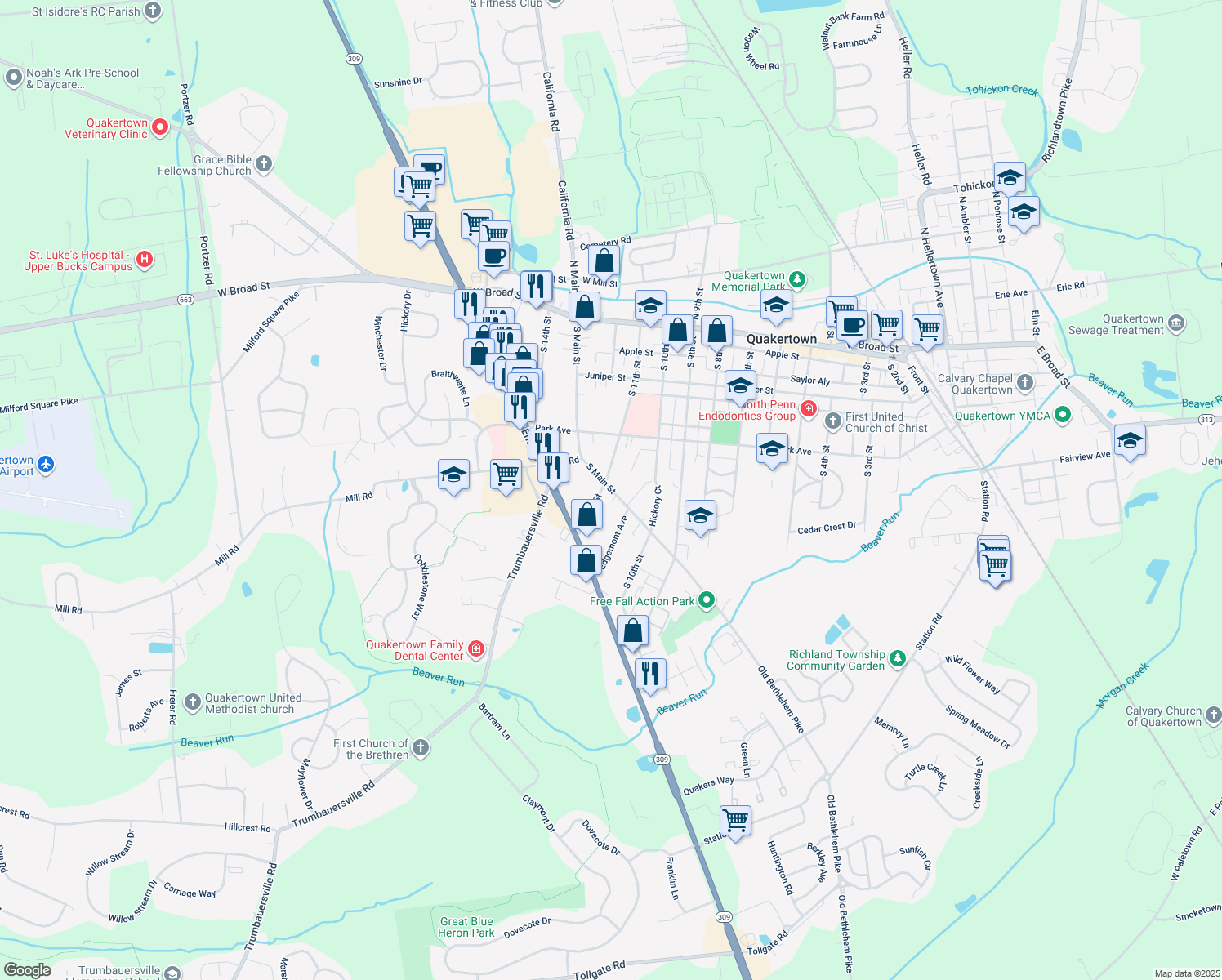 map of restaurants, bars, coffee shops, grocery stores, and more near 310 South Main Street in Quakertown