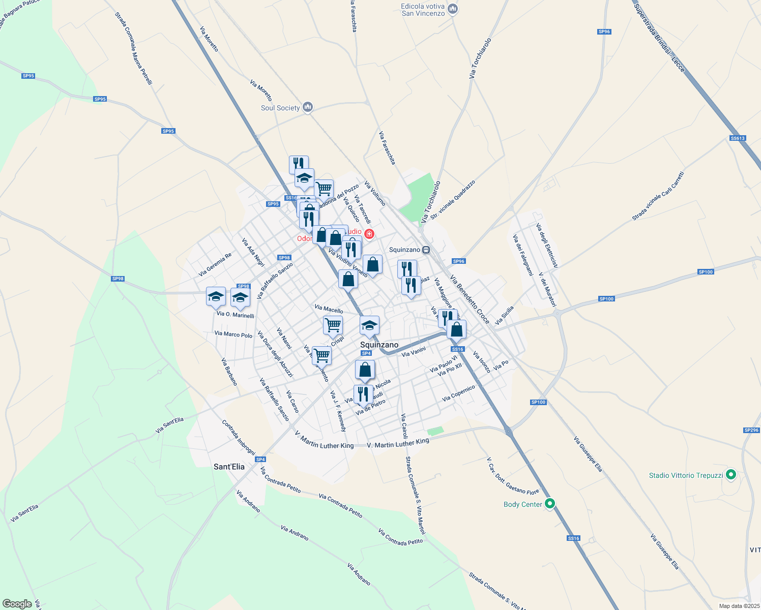 map of restaurants, bars, coffee shops, grocery stores, and more near in Squinzano