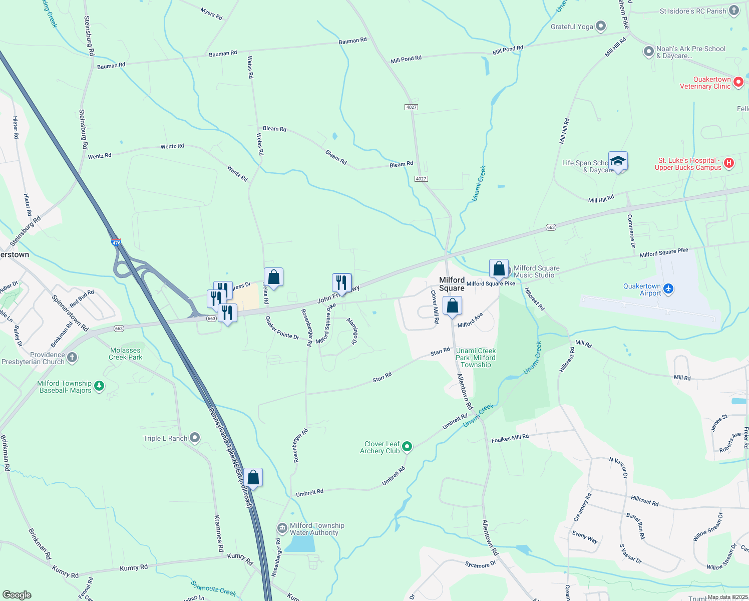 map of restaurants, bars, coffee shops, grocery stores, and more near 2080 Milford Square Pike in Quakertown