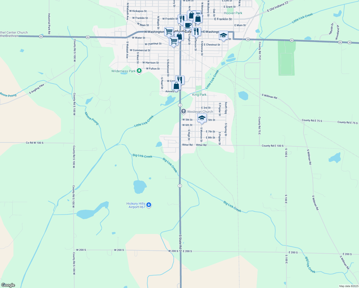 map of restaurants, bars, coffee shops, grocery stores, and more near 1714 South Walnut Street in Hartford City