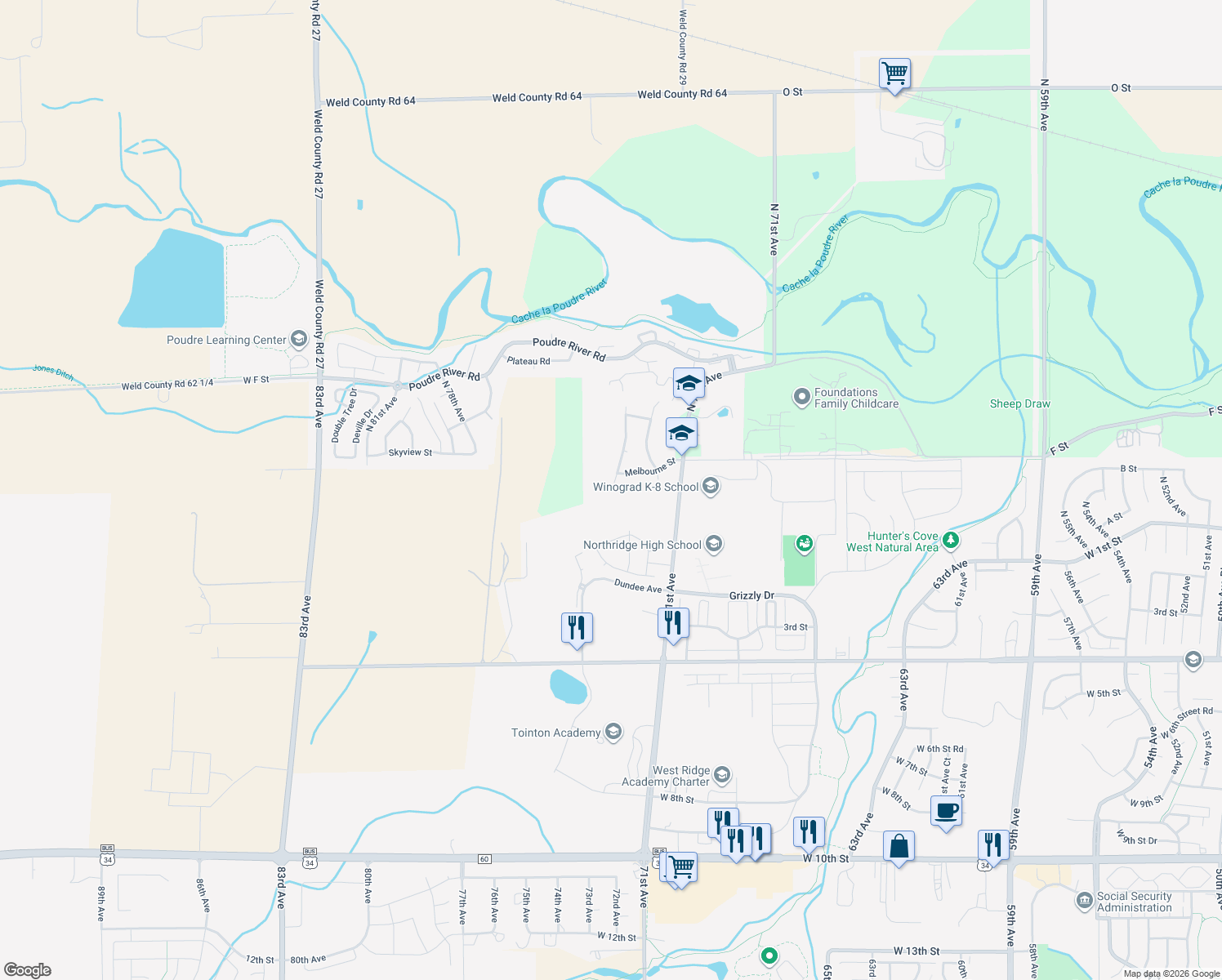 map of restaurants, bars, coffee shops, grocery stores, and more near 353 North Wyndham Avenue in Greeley