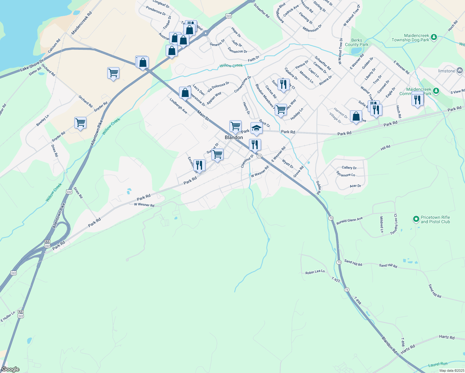 map of restaurants, bars, coffee shops, grocery stores, and more near 93 West Wesner Road in Blandon