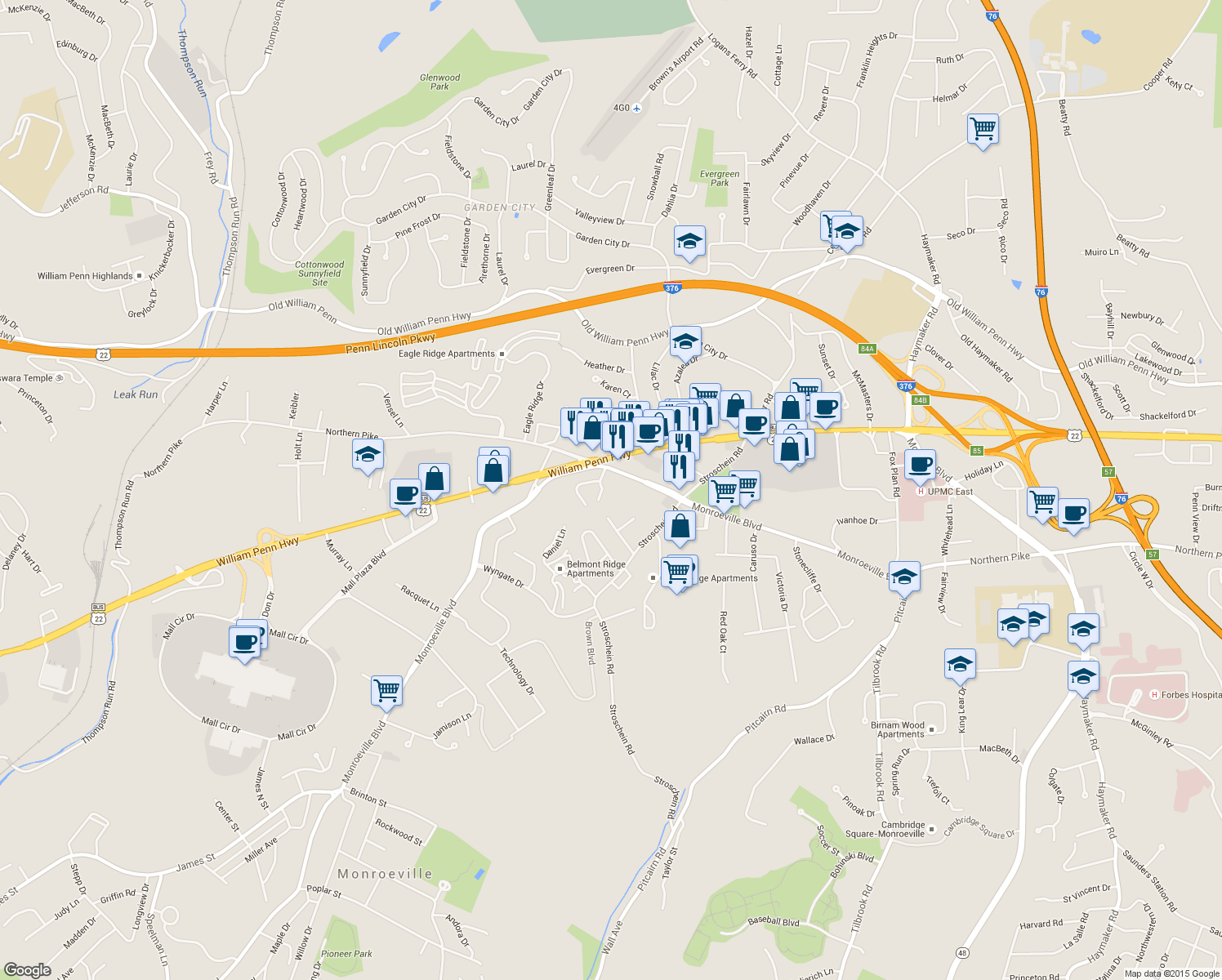 map of restaurants, bars, coffee shops, grocery stores, and more near 3948 Monroeville Boulevard in Monroeville