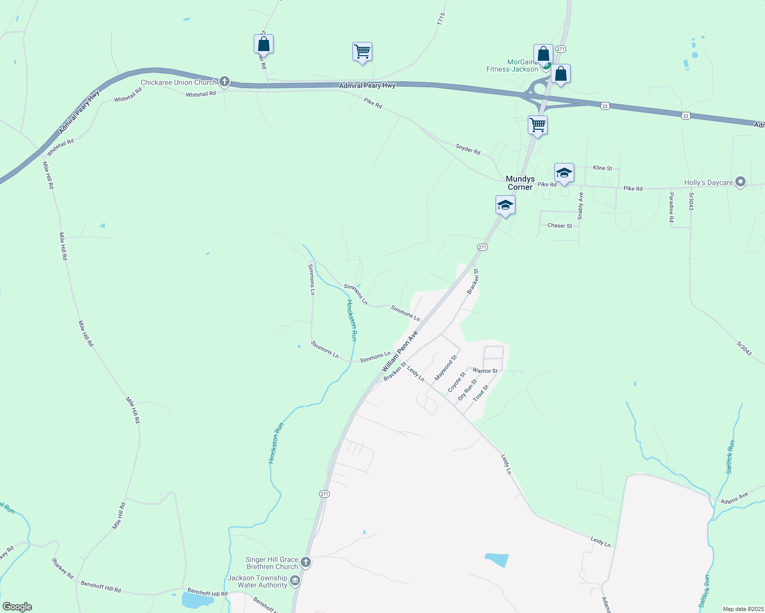 map of restaurants, bars, coffee shops, grocery stores, and more near 492 Simmons Lane in Johnstown