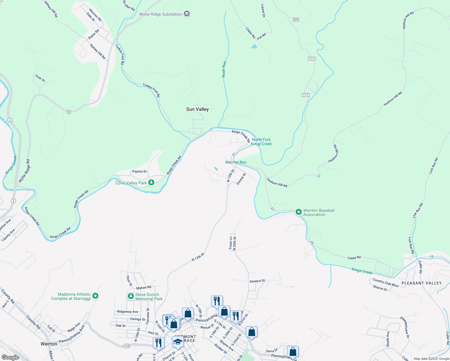 map of restaurants, bars, coffee shops, grocery stores, and more near 207 Kings View Dr in Weirton