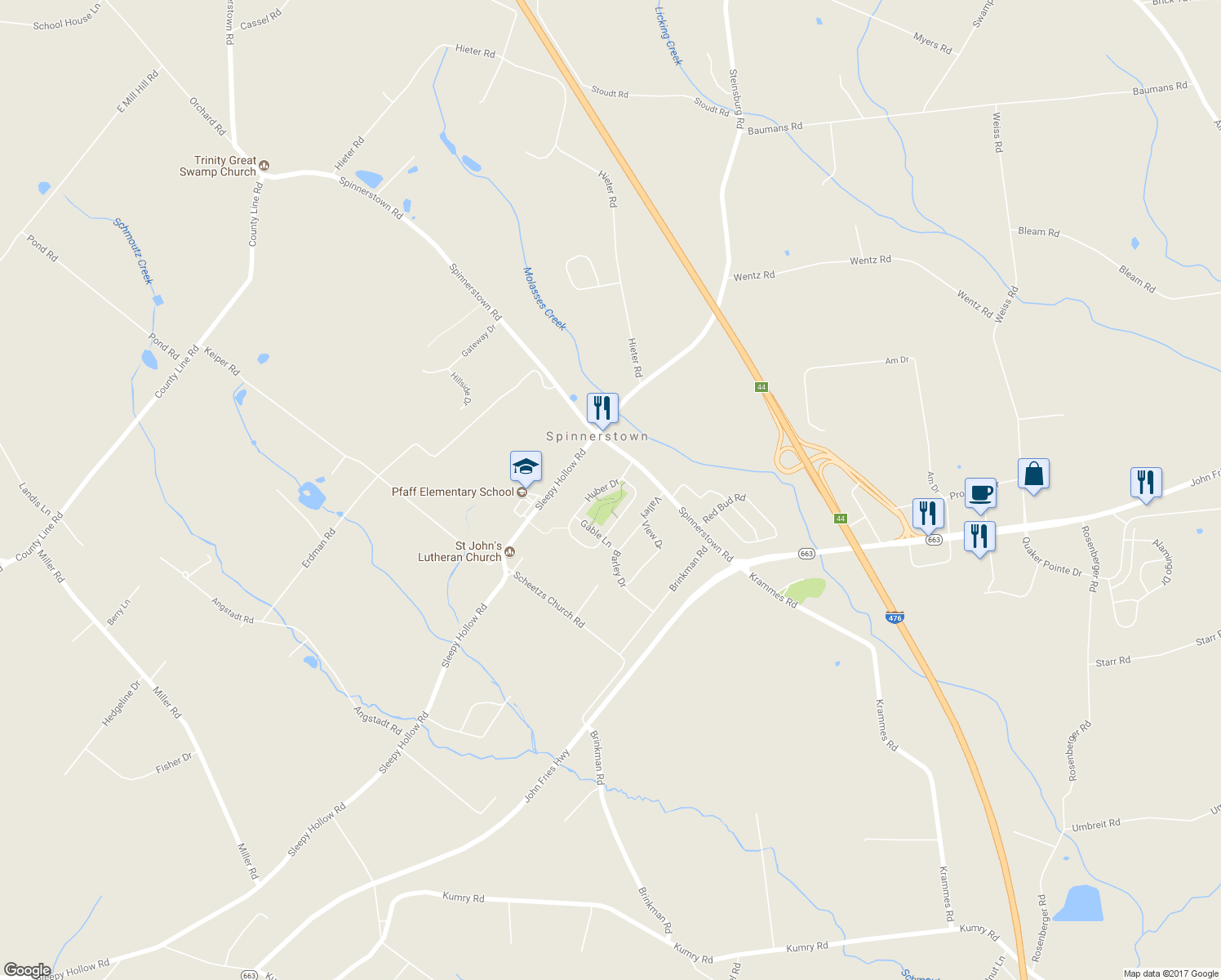 map of restaurants, bars, coffee shops, grocery stores, and more near 2081 Huber Drive in Quakertown