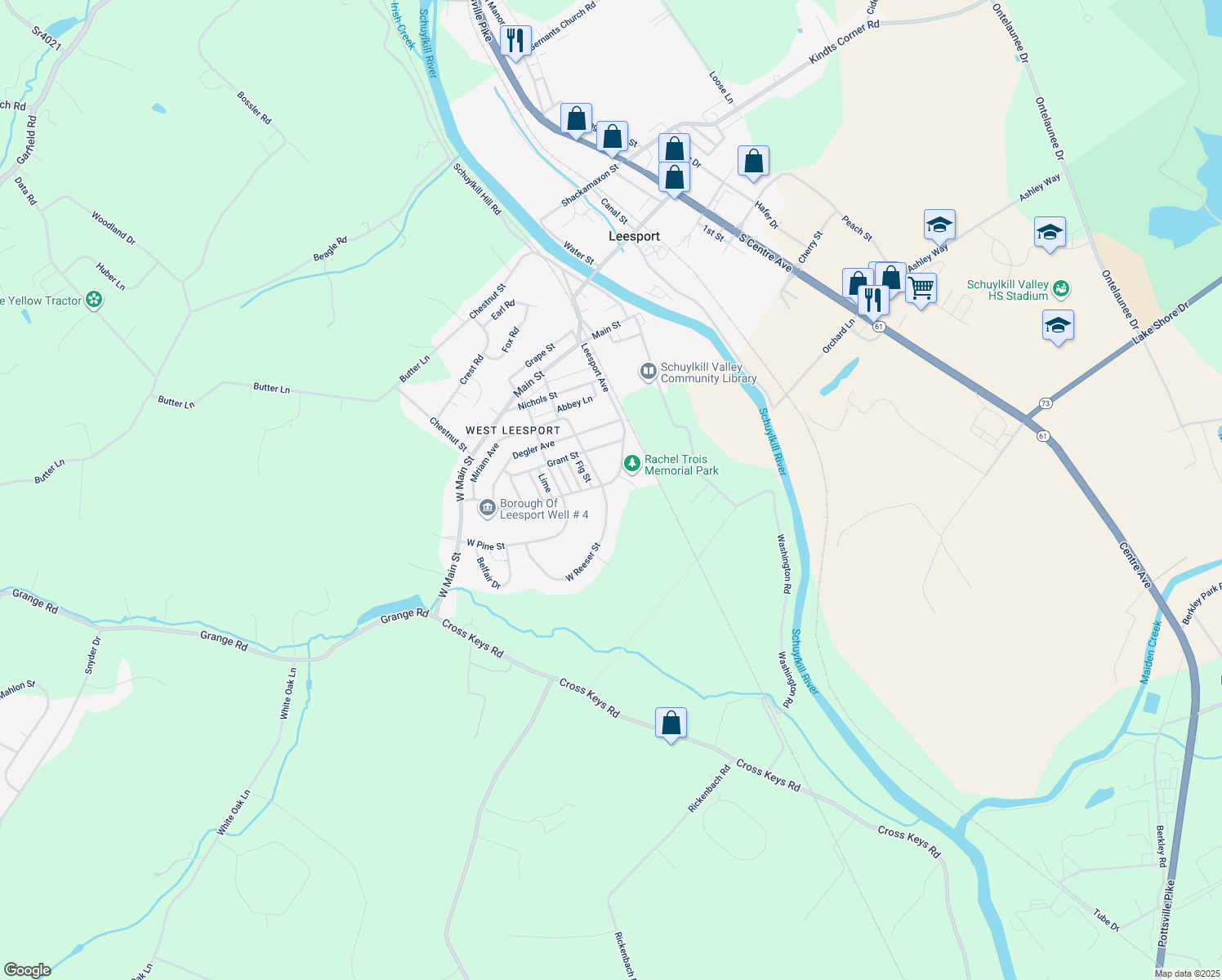 map of restaurants, bars, coffee shops, grocery stores, and more near 508 Leesport Avenue in Leesport
