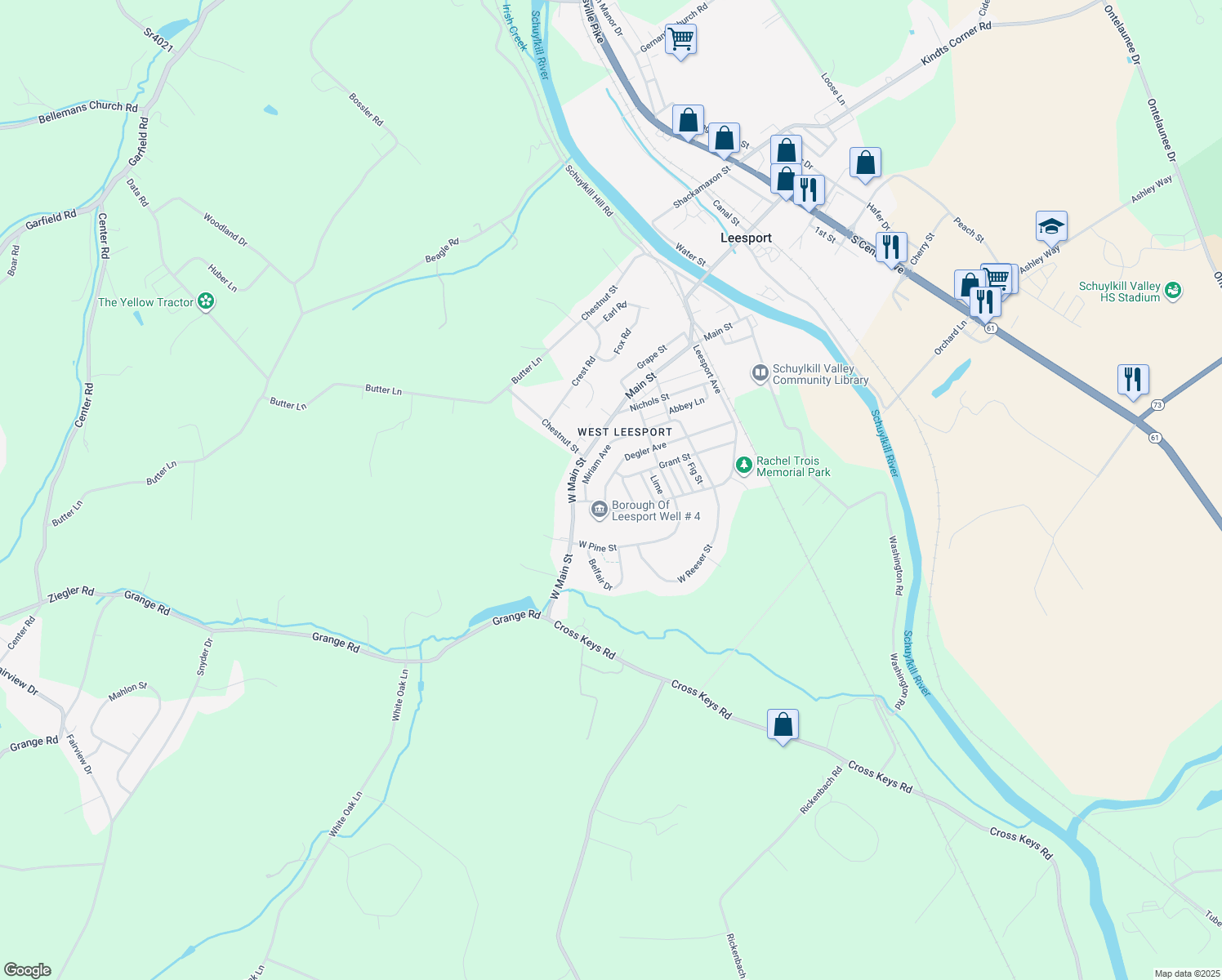 map of restaurants, bars, coffee shops, grocery stores, and more near 428 Degler Avenue in Leesport