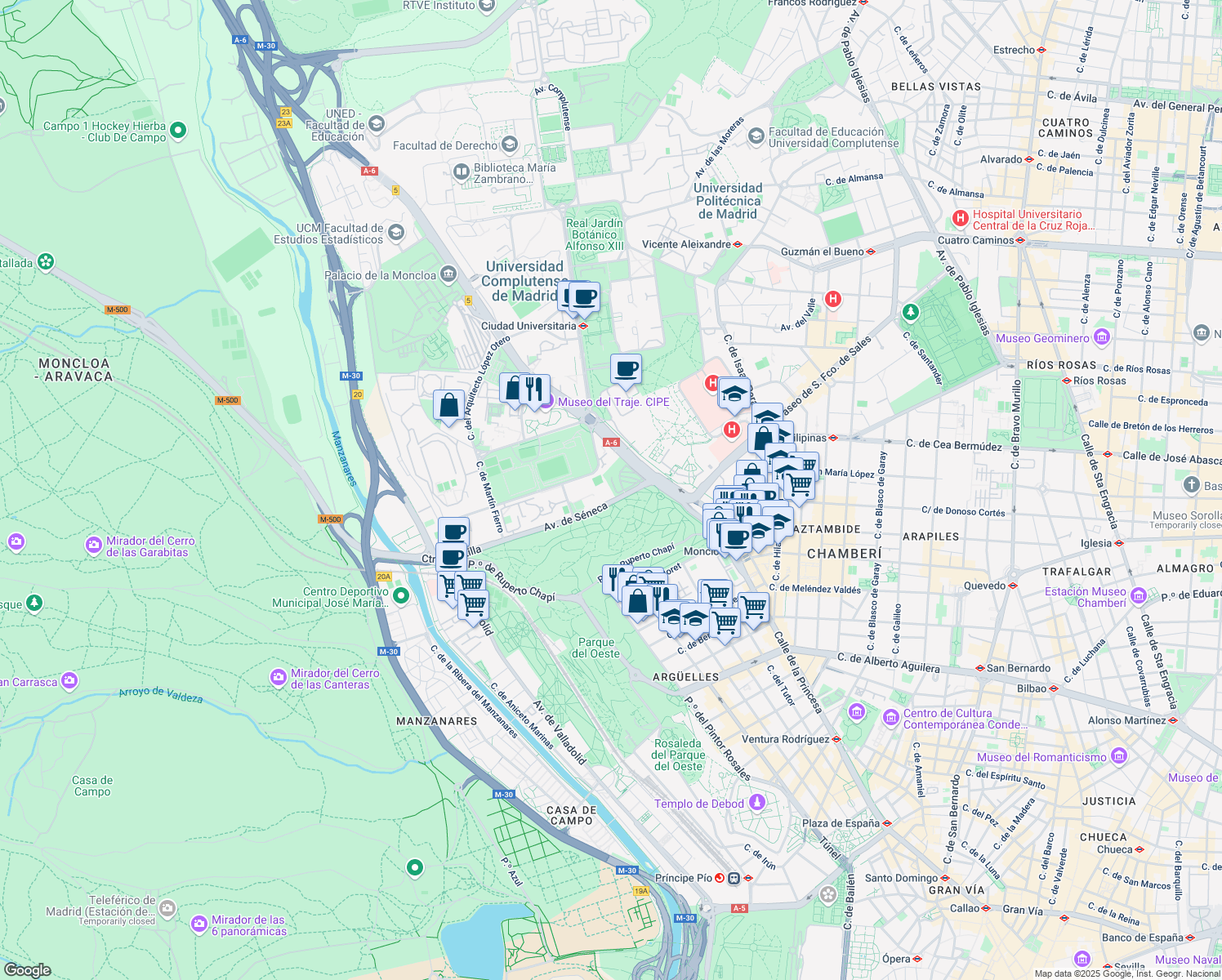 map of restaurants, bars, coffee shops, grocery stores, and more near 3 Avenida Séneca in Madrid