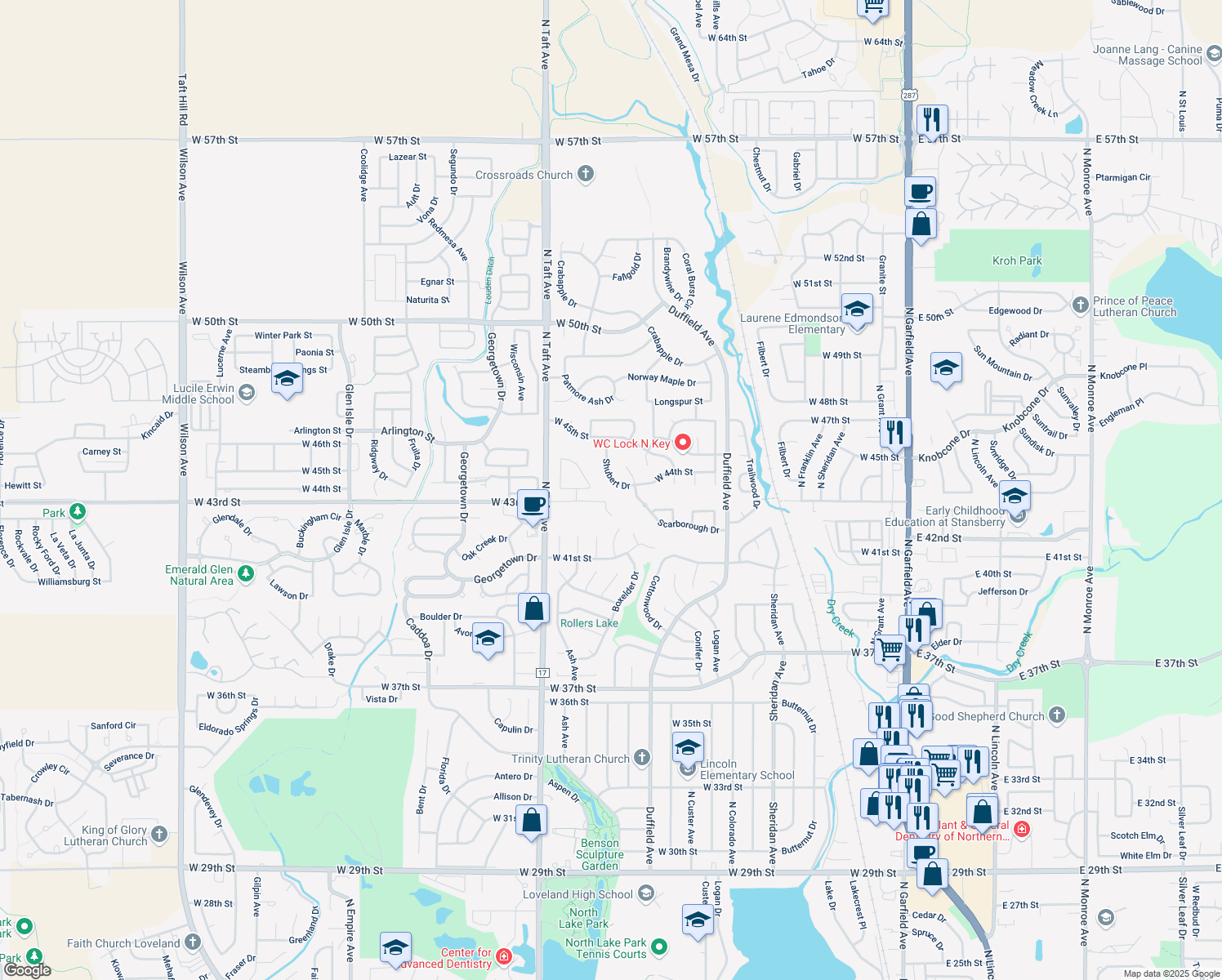map of restaurants, bars, coffee shops, grocery stores, and more near 4427 Shubert Drive in Loveland