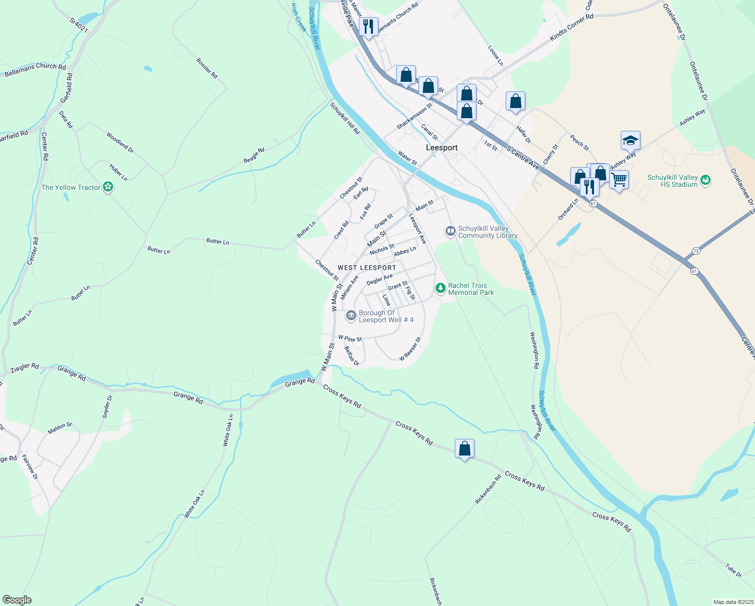 map of restaurants, bars, coffee shops, grocery stores, and more near 521 Elm St in Leesport