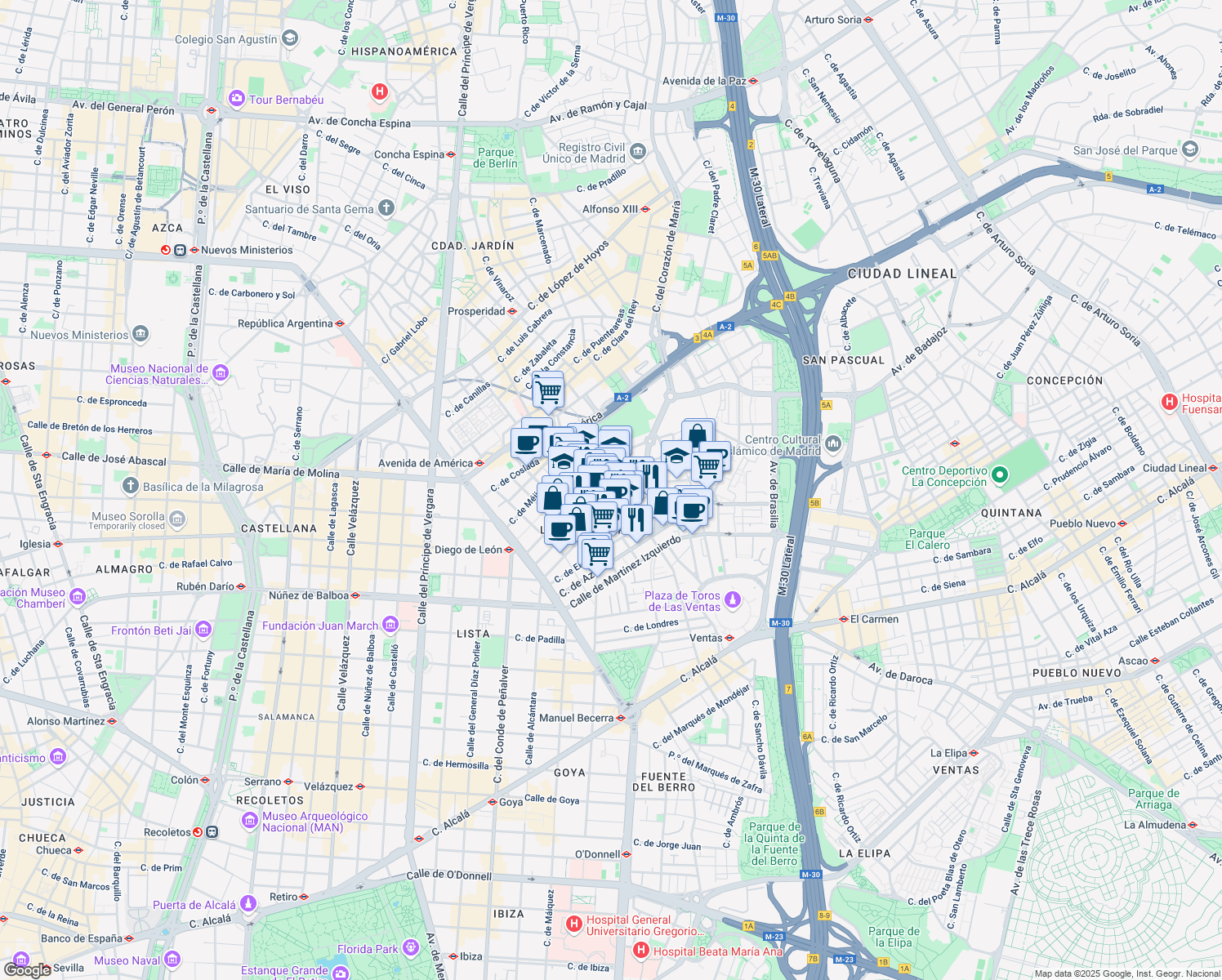 map of restaurants, bars, coffee shops, grocery stores, and more near 25 Calle del Conde de Vilches in Madrid