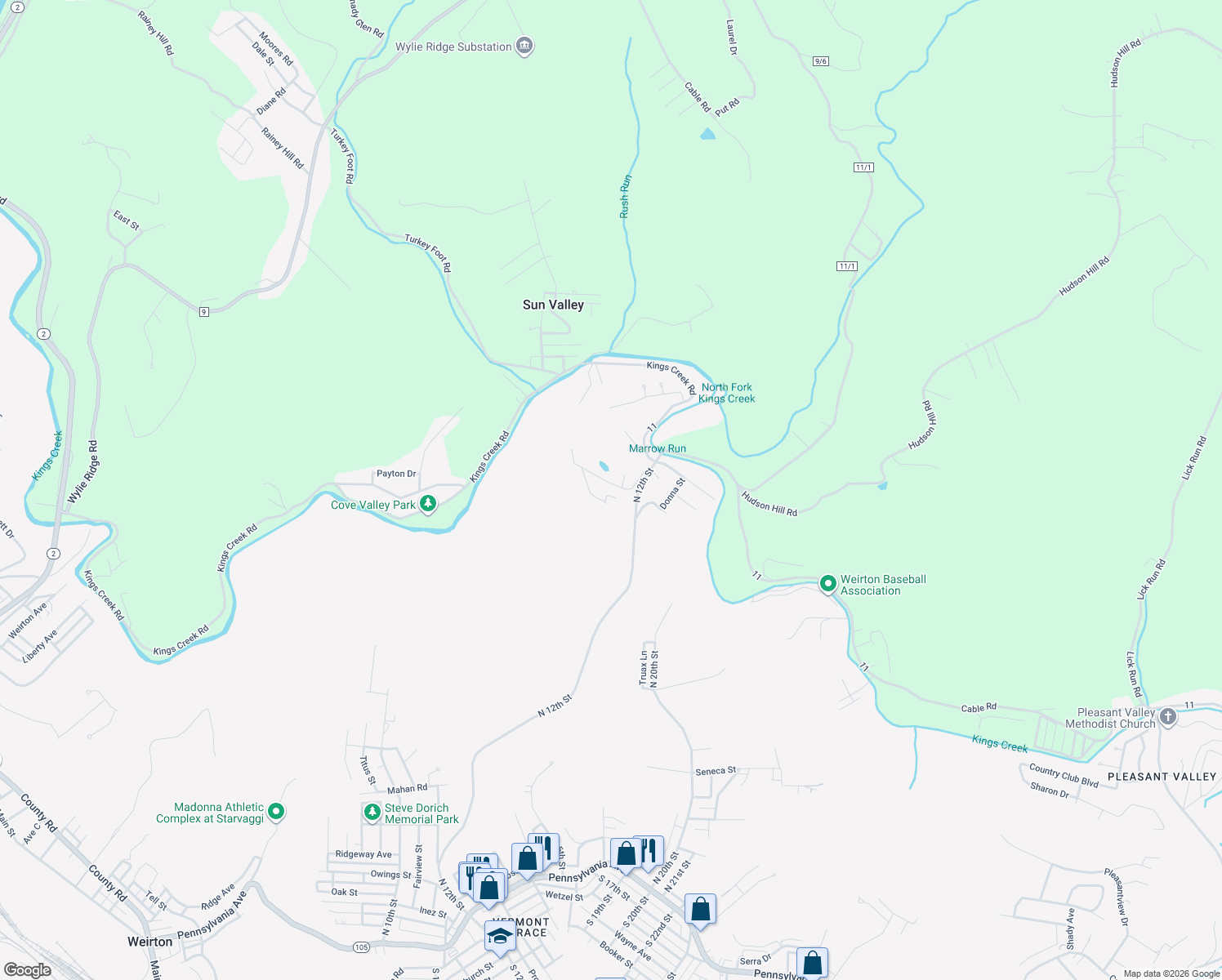 map of restaurants, bars, coffee shops, grocery stores, and more near 207 Kings View Dr in Weirton