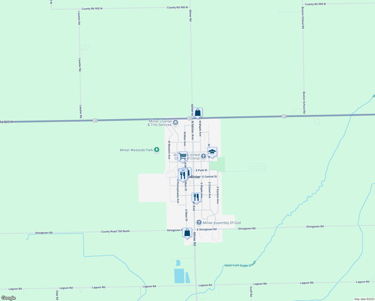map of restaurants, bars, coffee shops, grocery stores, and more near 402 N Main Ave in Minier