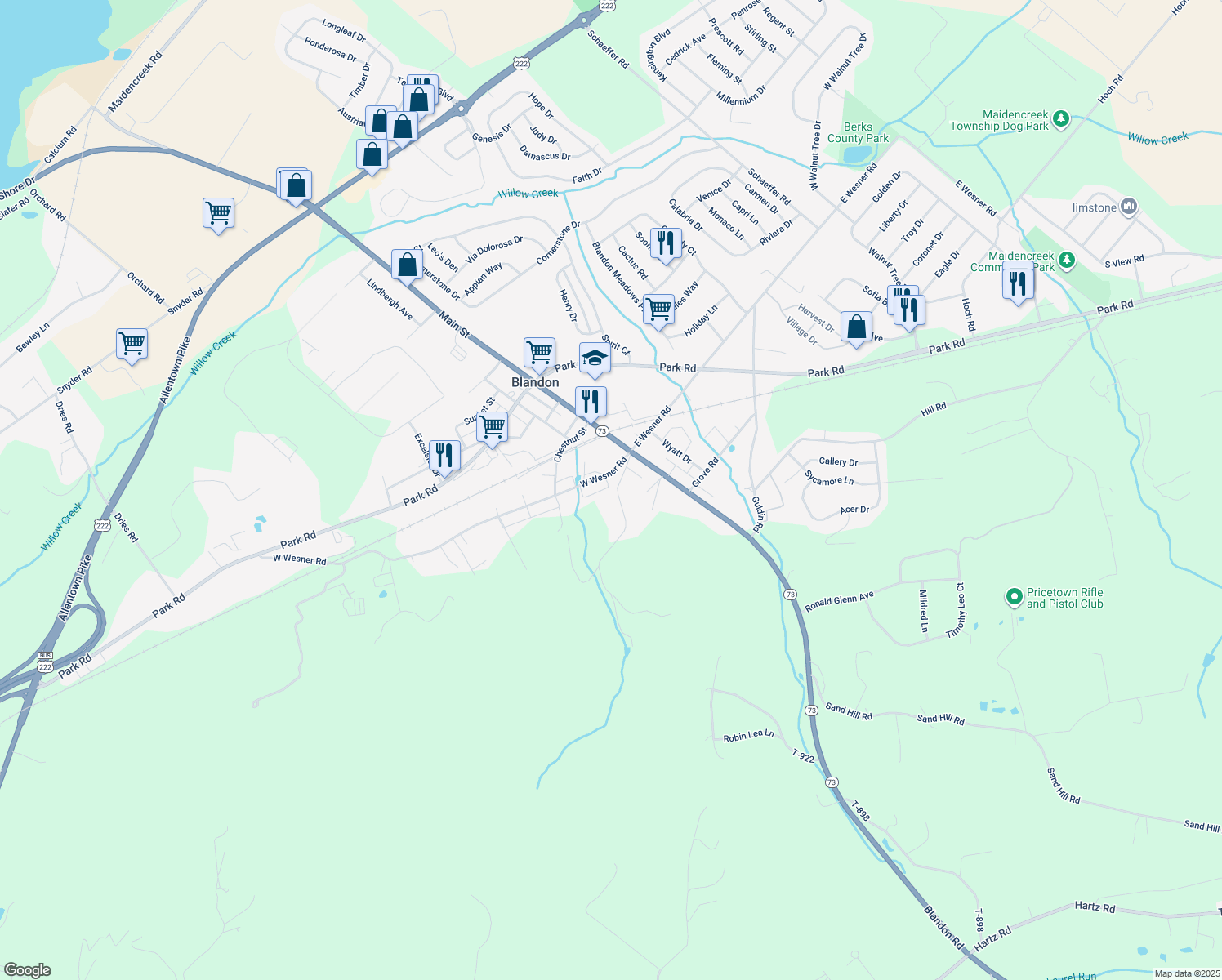 map of restaurants, bars, coffee shops, grocery stores, and more near 36 Mountain Spring Road in Blandon