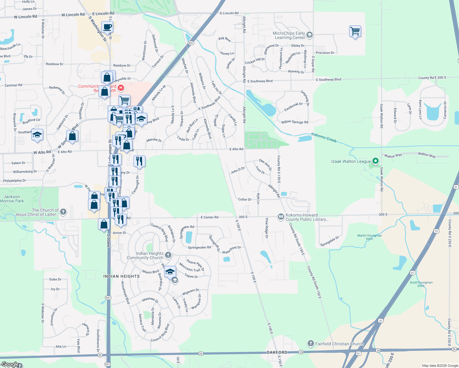 map of restaurants, bars, coffee shops, grocery stores, and more near 4031 Colter Dr in Kokomo