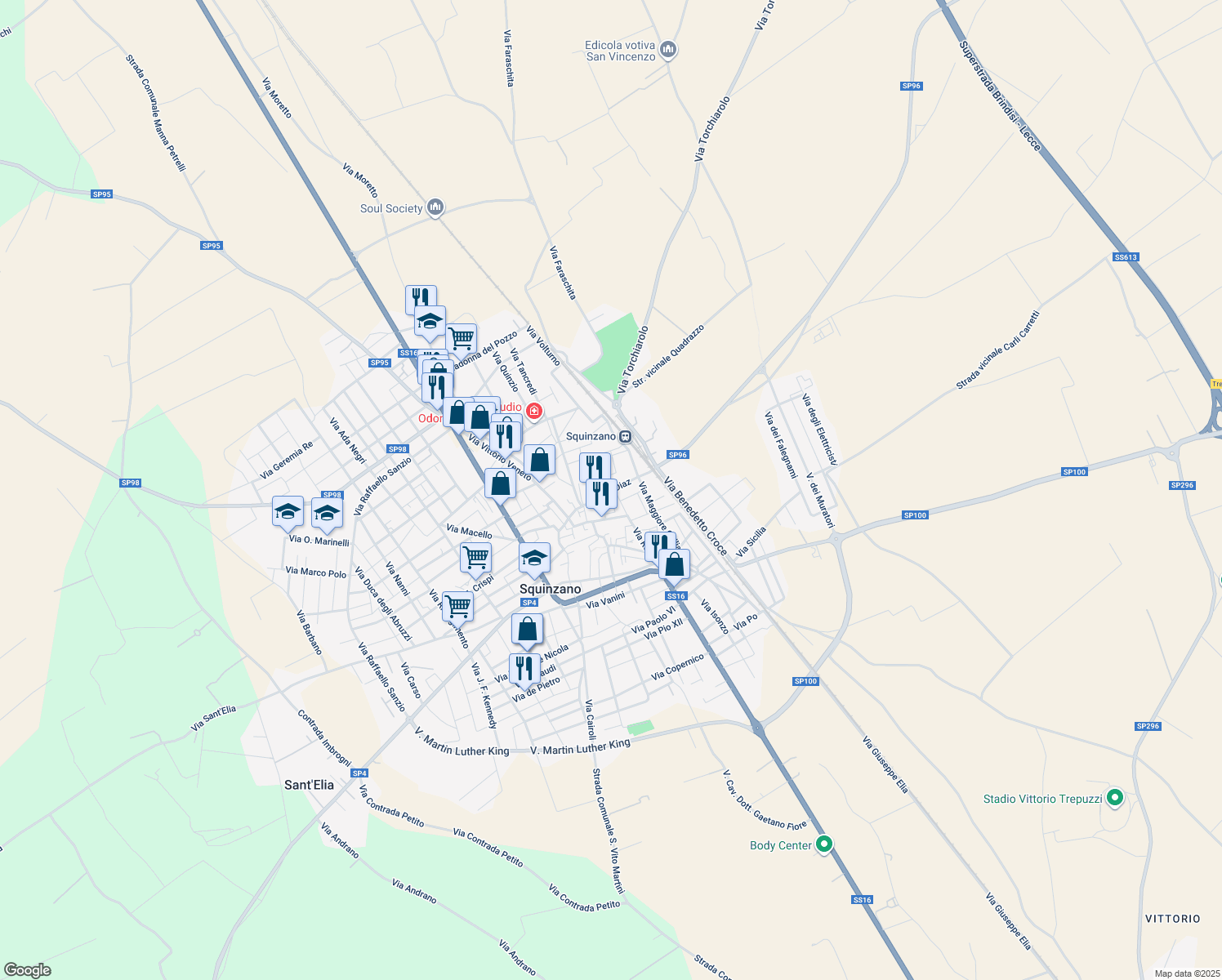 map of restaurants, bars, coffee shops, grocery stores, and more near 133 Via A. Diaz in Squinzano