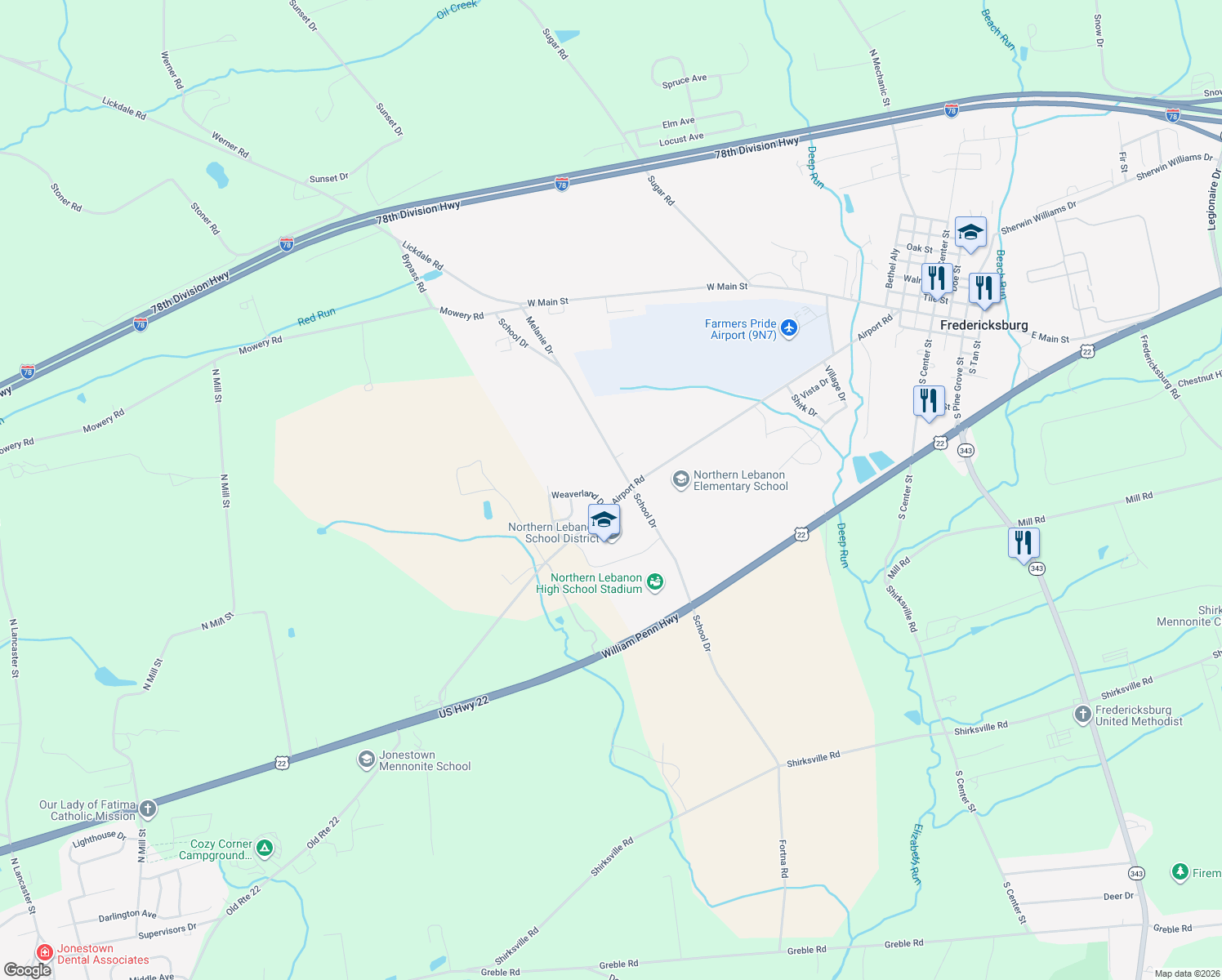 map of restaurants, bars, coffee shops, grocery stores, and more near 289 Airport Road in Fredericksburg
