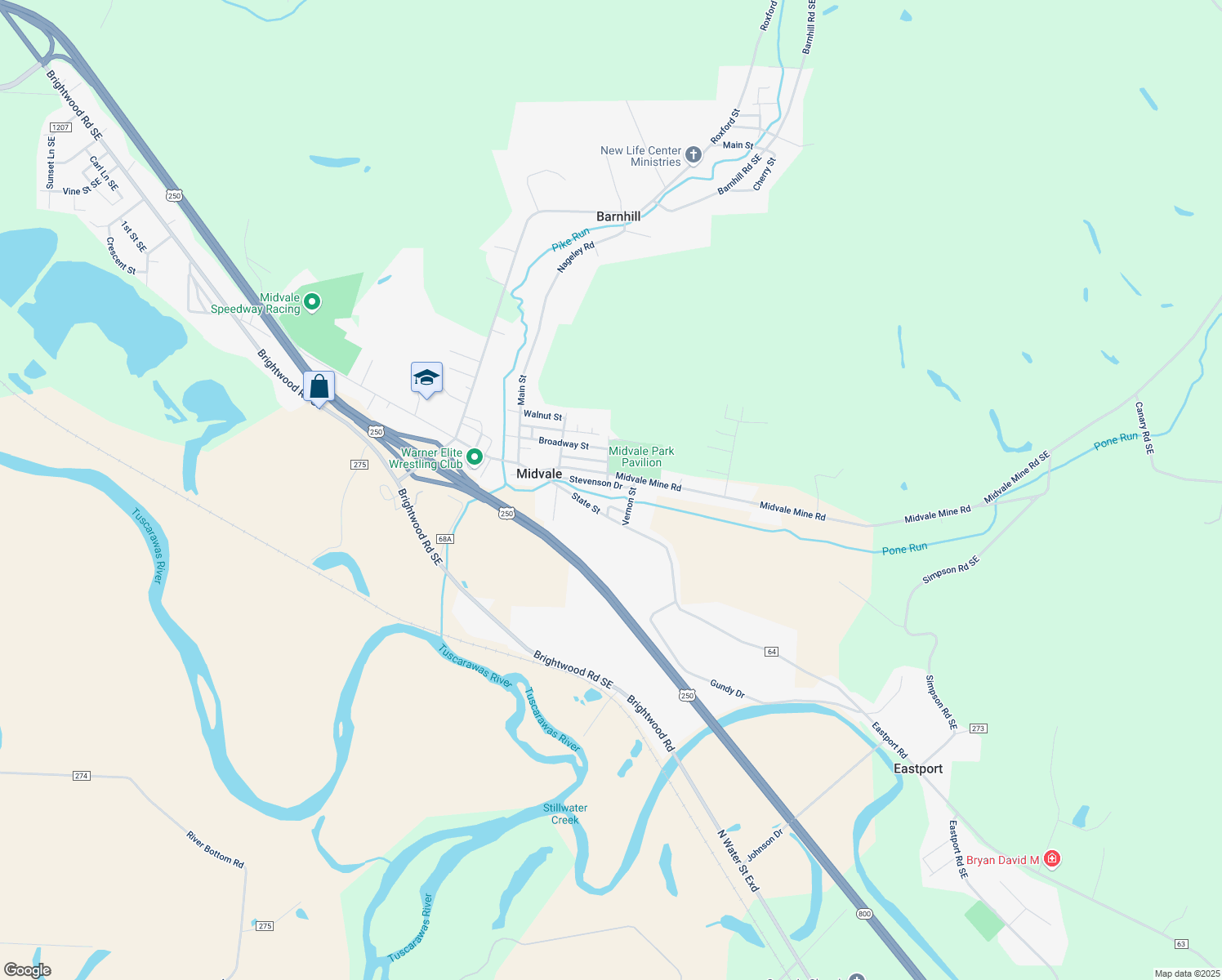 map of restaurants, bars, coffee shops, grocery stores, and more near 2359 Royal St in Dennison