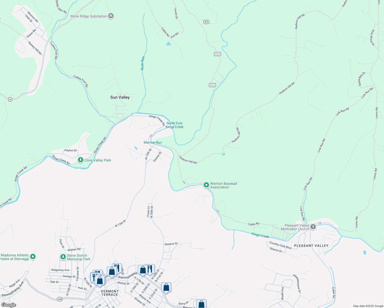 map of restaurants, bars, coffee shops, grocery stores, and more near 118 North Fork Road in Weirton