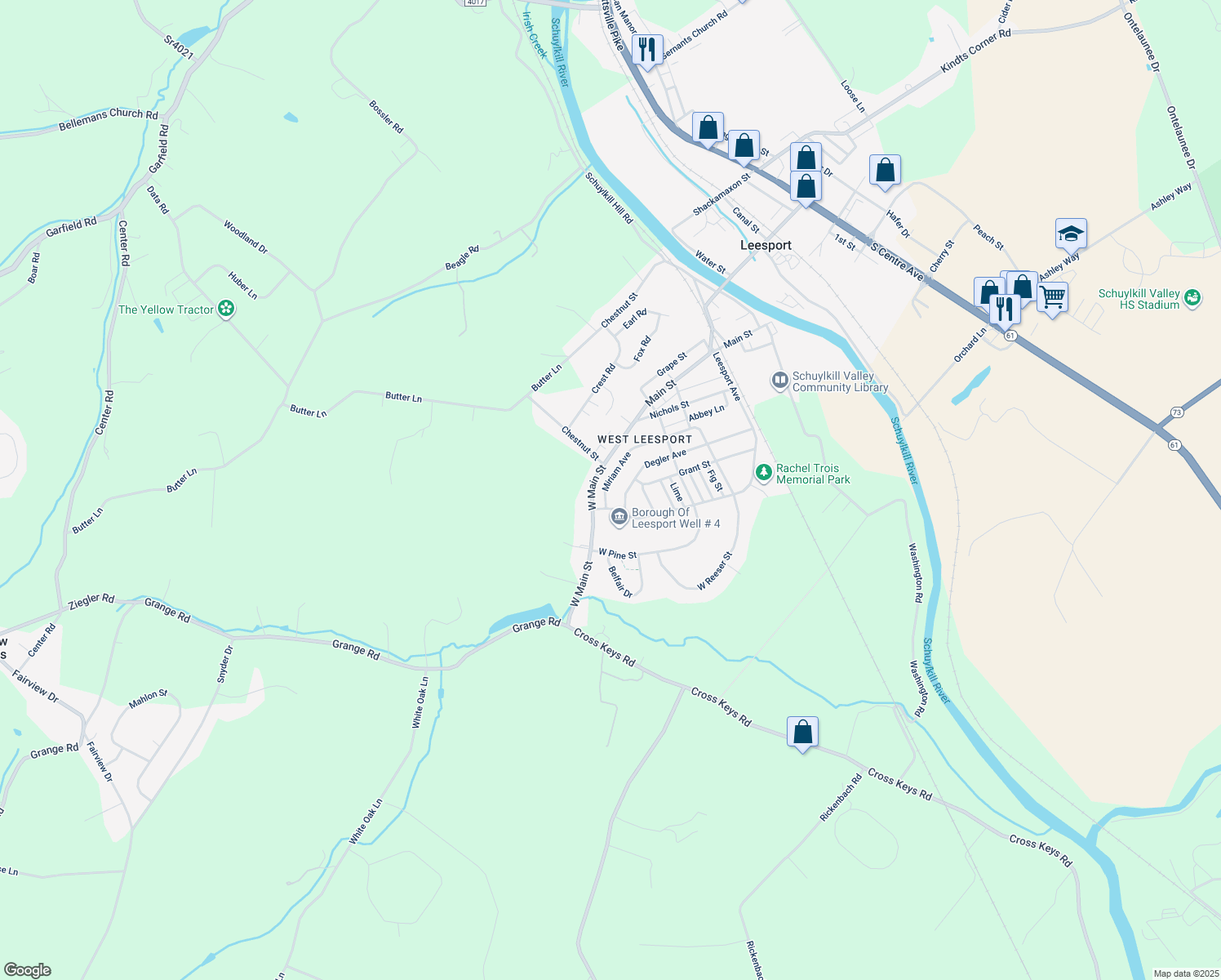 map of restaurants, bars, coffee shops, grocery stores, and more near 448 Miriam Avenue in Leesport