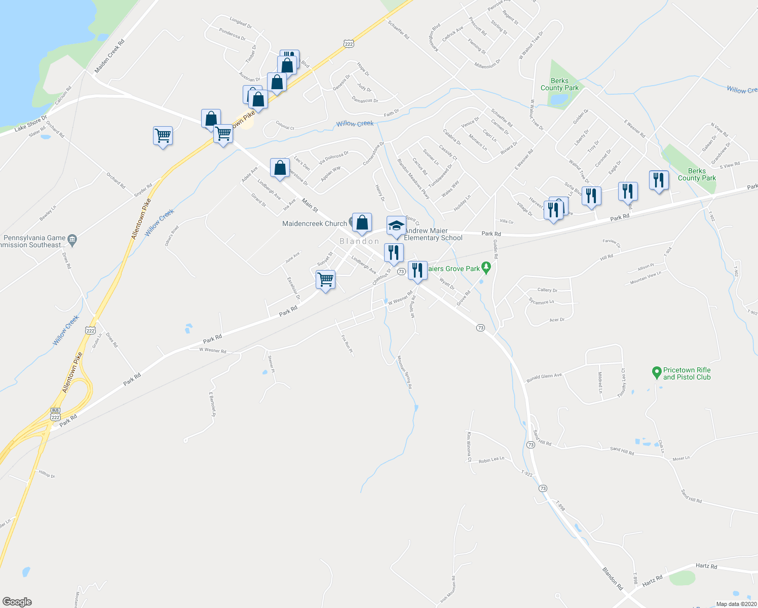 map of restaurants, bars, coffee shops, grocery stores, and more near 56 West Wesner Road in Blandon