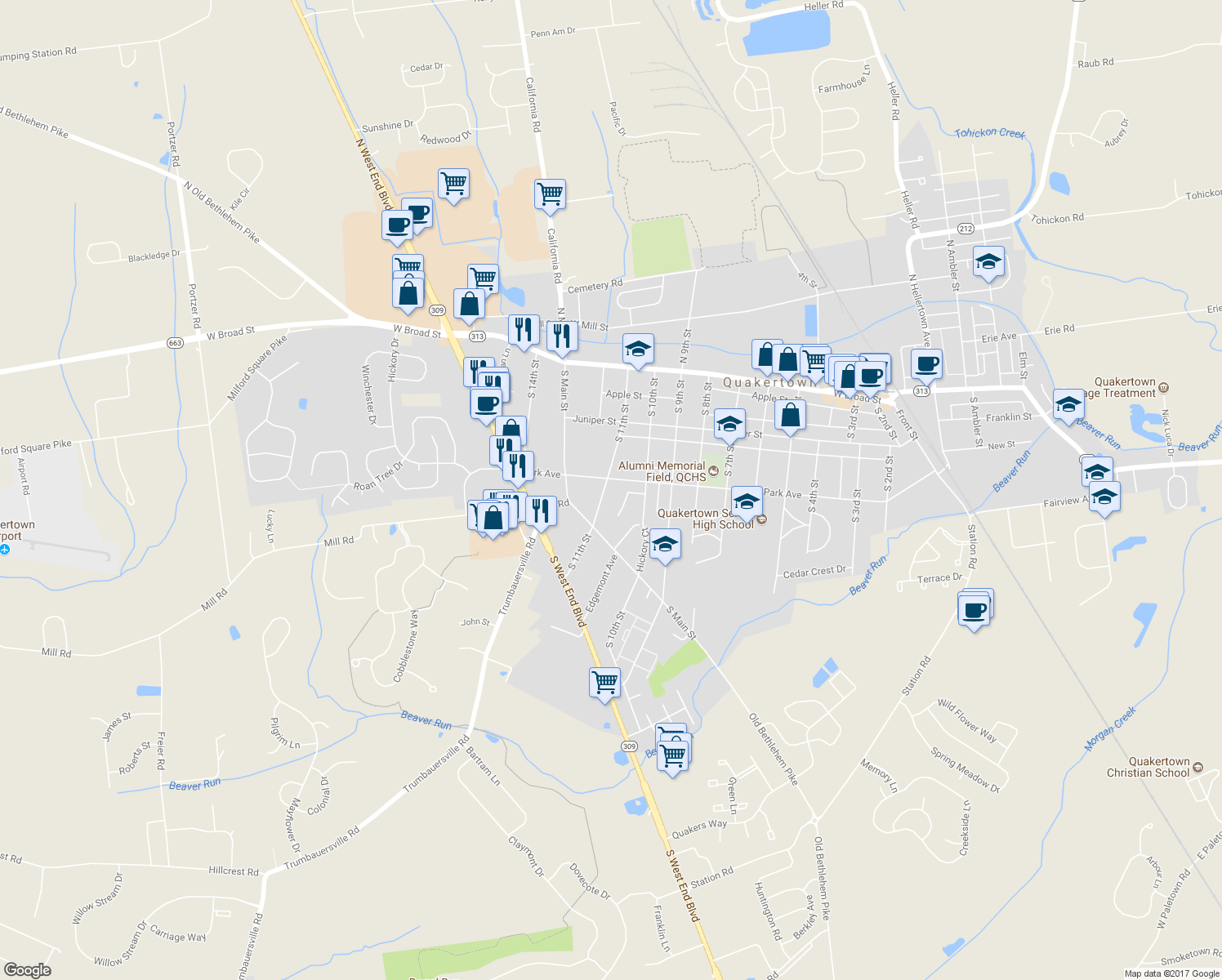 map of restaurants, bars, coffee shops, grocery stores, and more near 215 South 11th Street in Quakertown