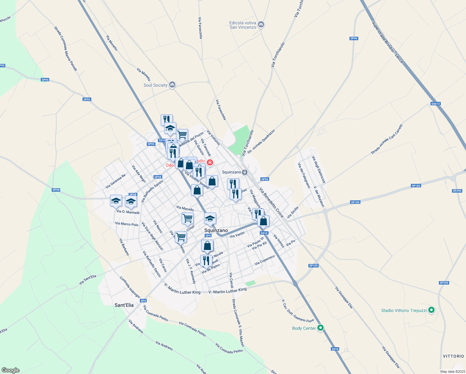 map of restaurants, bars, coffee shops, grocery stores, and more near 133 Via Armando Diaz in Squinzano
