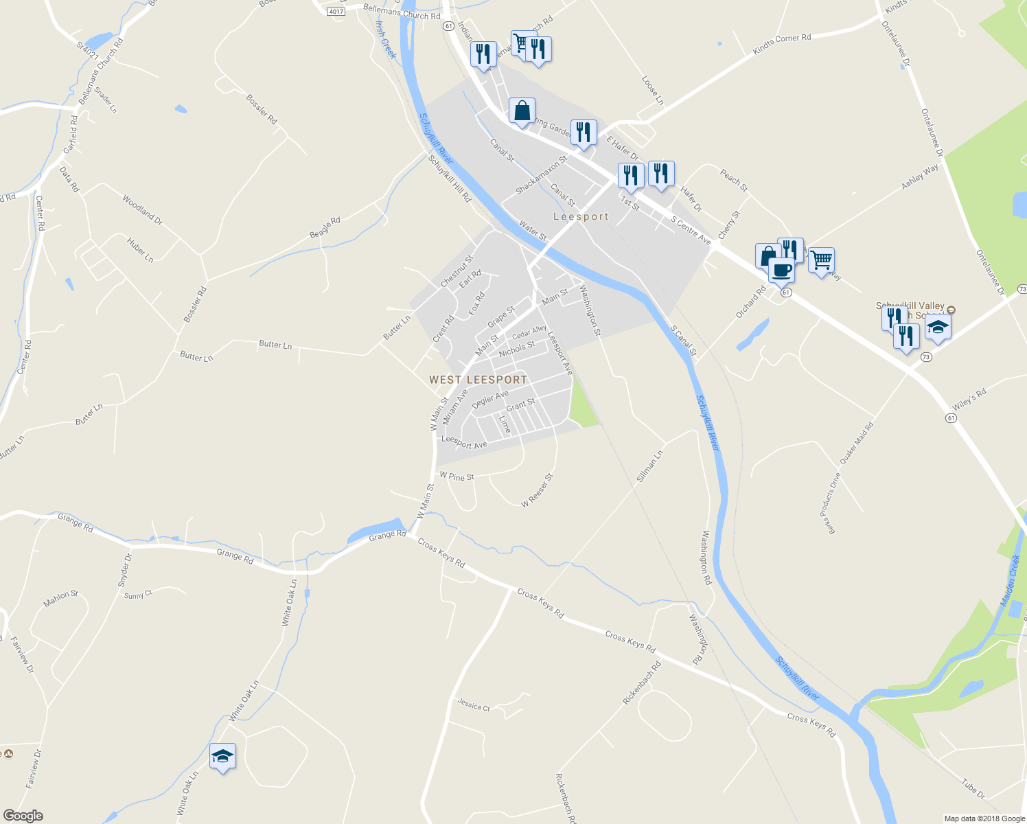 map of restaurants, bars, coffee shops, grocery stores, and more near 502 Pine St in Leesport