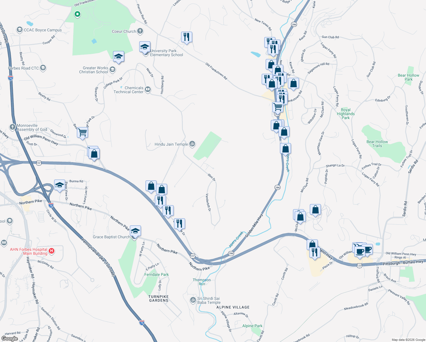map of restaurants, bars, coffee shops, grocery stores, and more near 713 Citadel Drive in Monroeville