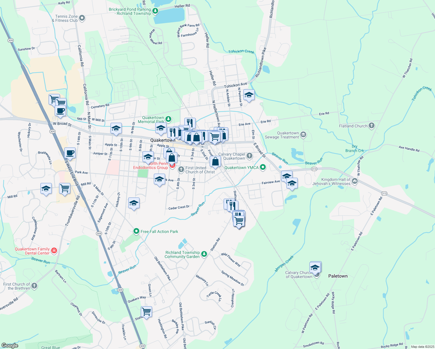 map of restaurants, bars, coffee shops, grocery stores, and more near 126 Park Avenue in Quakertown